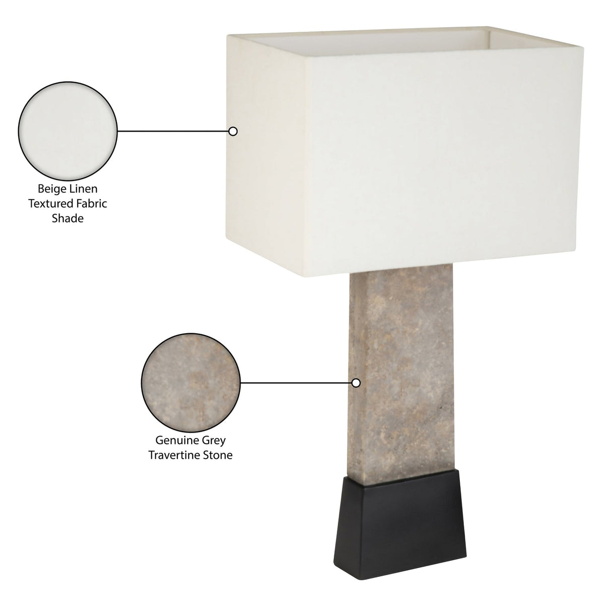 Vellara Grey Beige Black Travertine Base And Linen Textured Fabric Shade Table Lamp