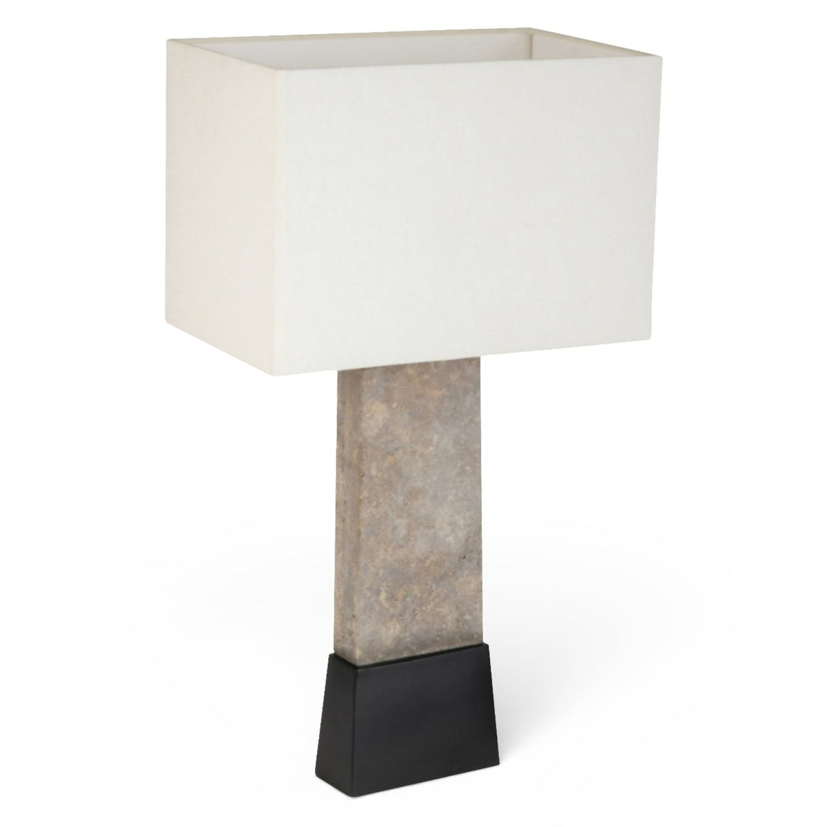 Vellara Grey / Beige / Black Travertine Base And Linen Textured Fabric Shade Table Lamp in grey stone, primary product view