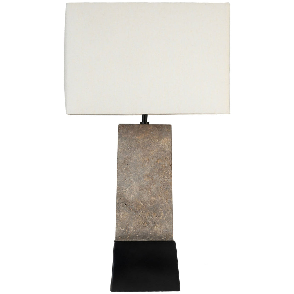 Vellara Grey Beige Black Travertine Base And Linen Textured Fabric Shade Table Lamp