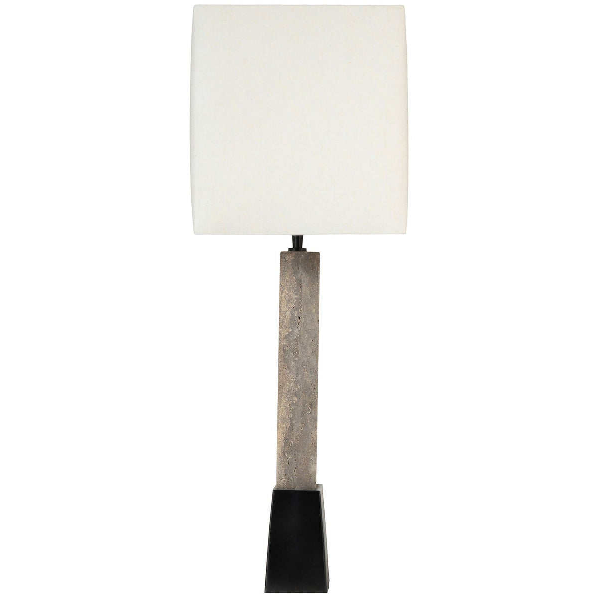 Vellara Grey Beige Black Travertine Base And Linen Textured Fabric Shade Table Lamp