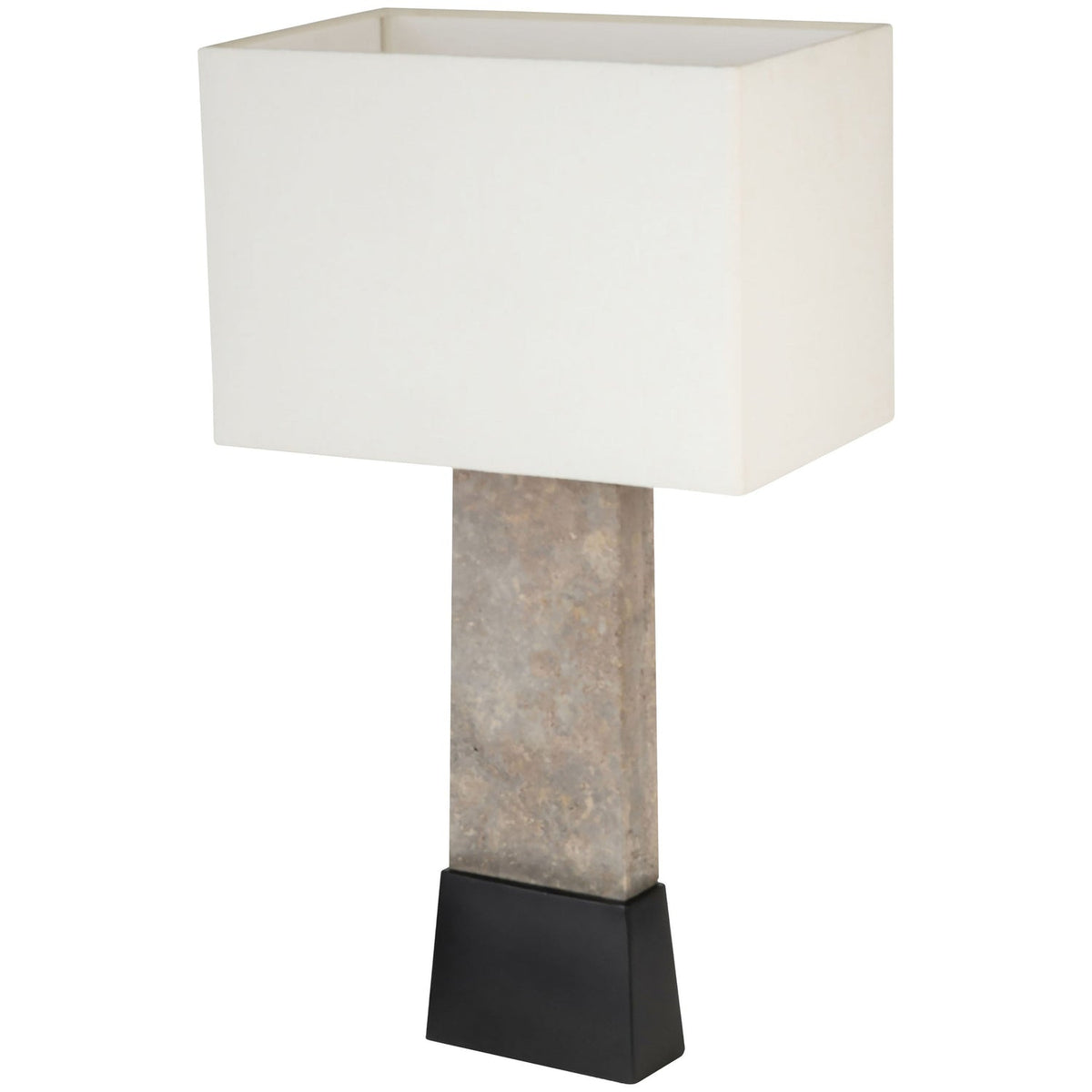 Vellara Grey Beige Black Travertine Base And Linen Textured Fabric Shade Table Lamp