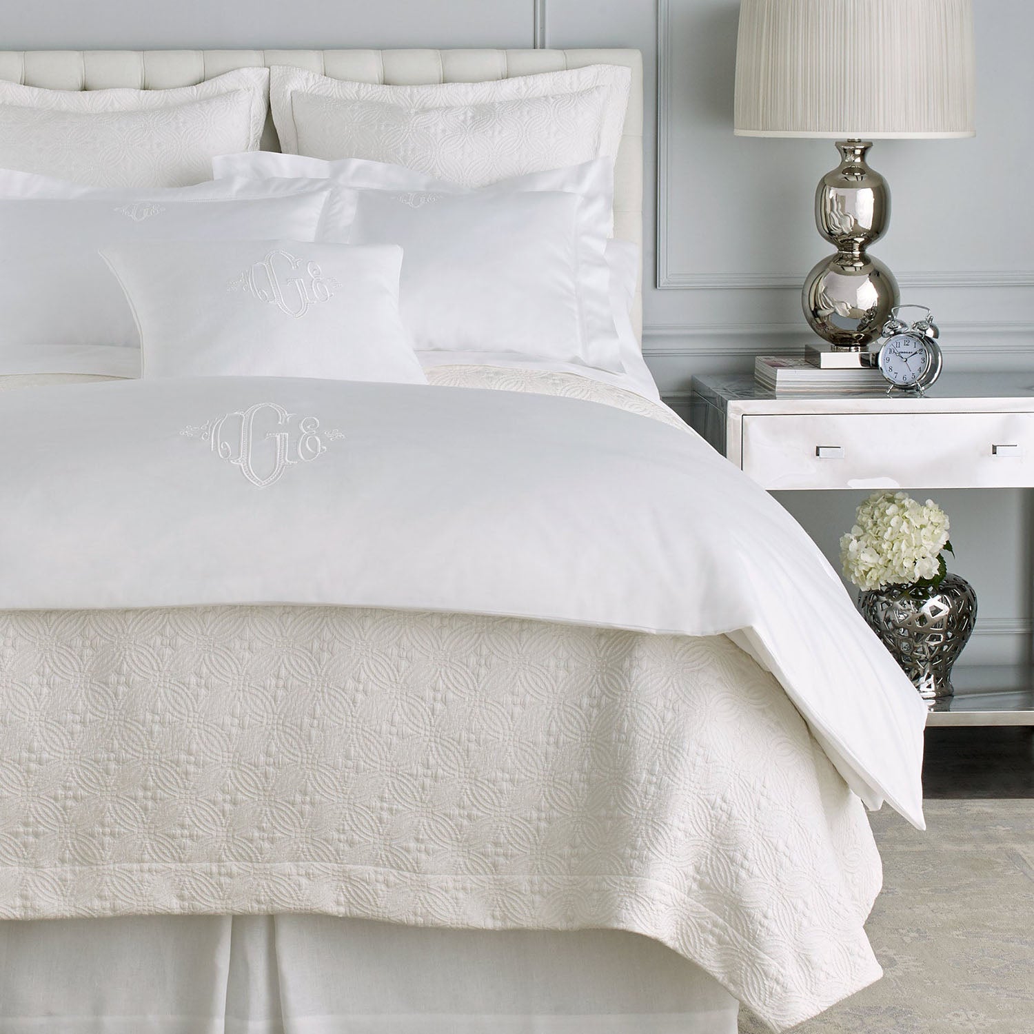 Peacock Alley Lucia matelasse cotton-silk coverlet corner and edge detail