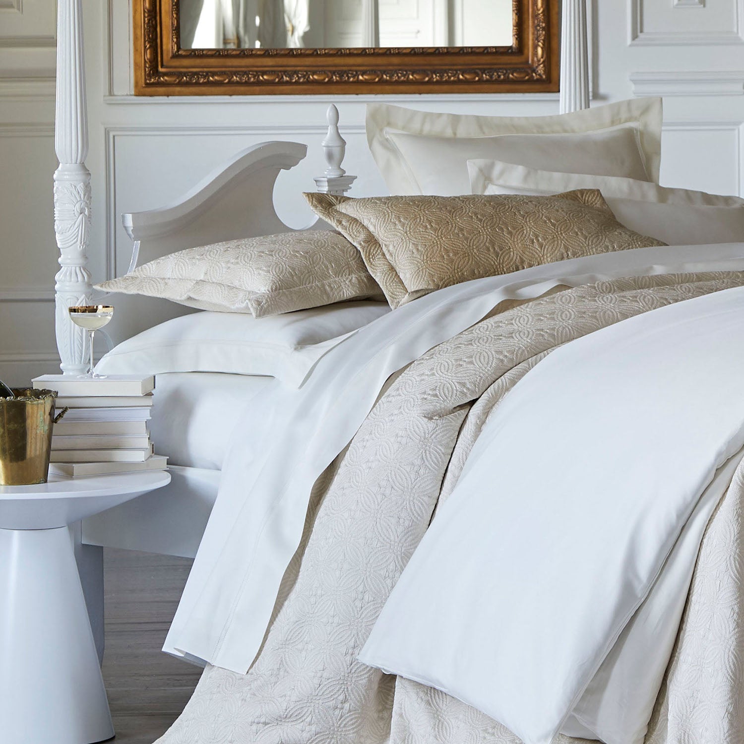 Peacock Alley Lucia matelasse cotton-silk coverlet shown in a lighter colorway