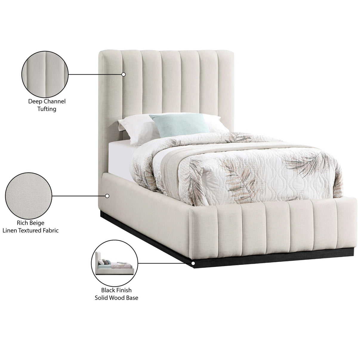 Lucia Beige Linen Textured Fabric Upholstered Bed