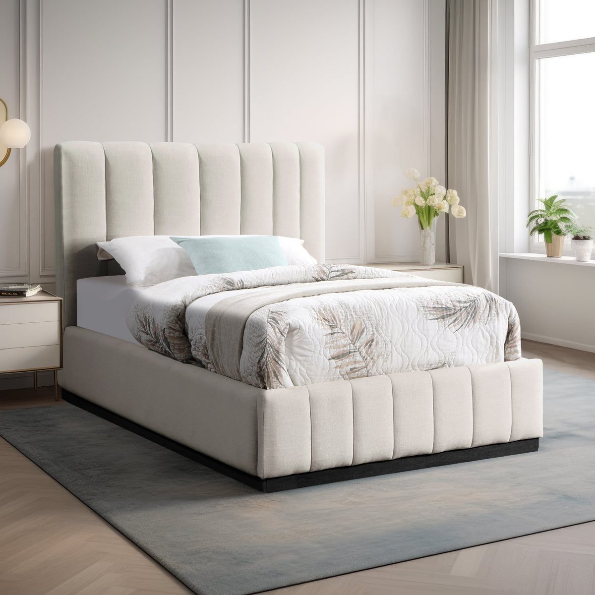 Lucia Beige Linen Textured Fabric Upholstered Bed