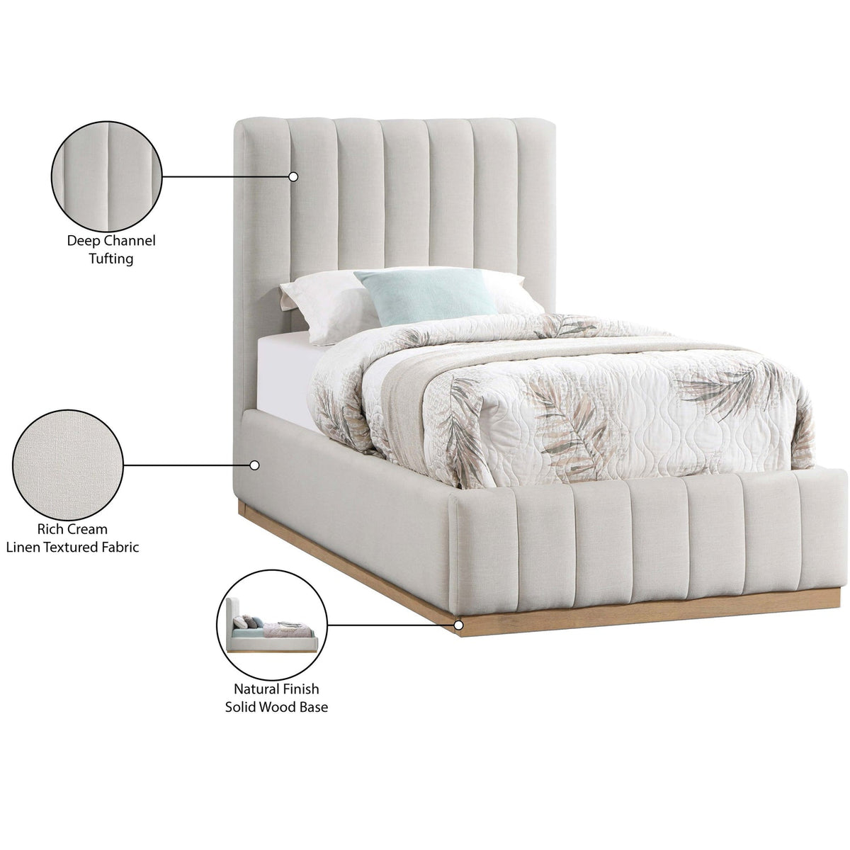 Lucia Cream Linen Textured Fabric Upholstered Bed