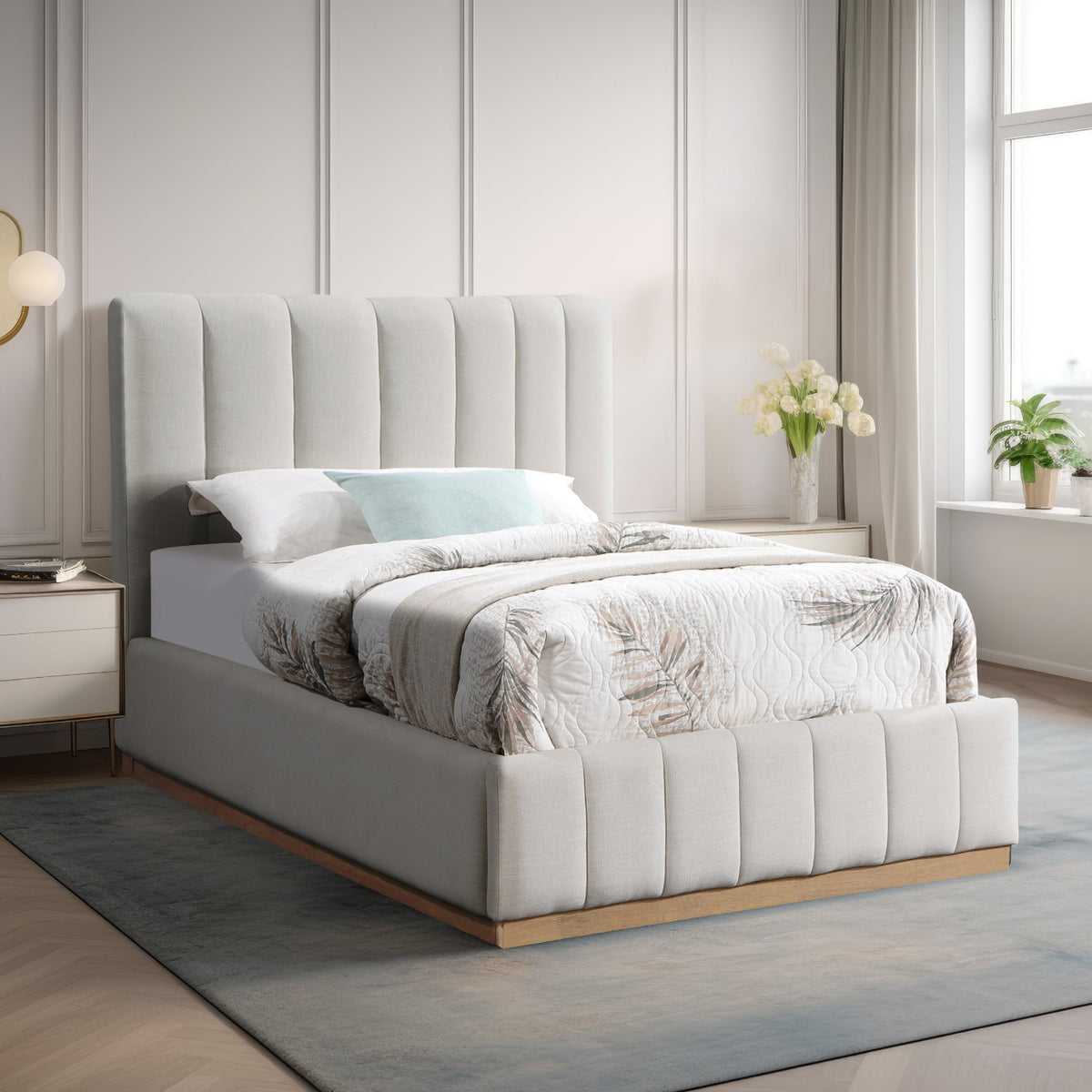 Lucia Cream Linen Textured Fabric Upholstered Bed