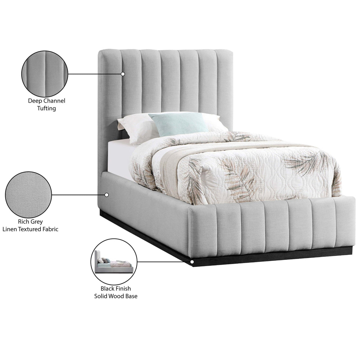 Lucia Grey Linen Textured Fabric Upholstered Bed
