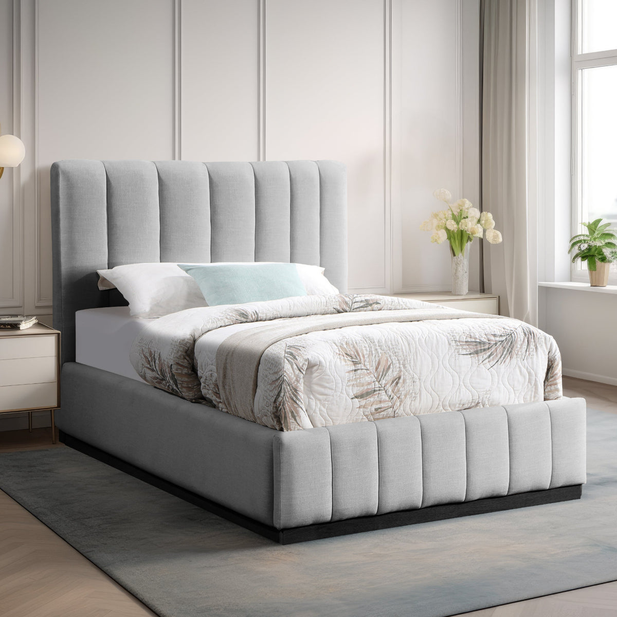 Lucia Grey Linen Textured Fabric Upholstered Bed
