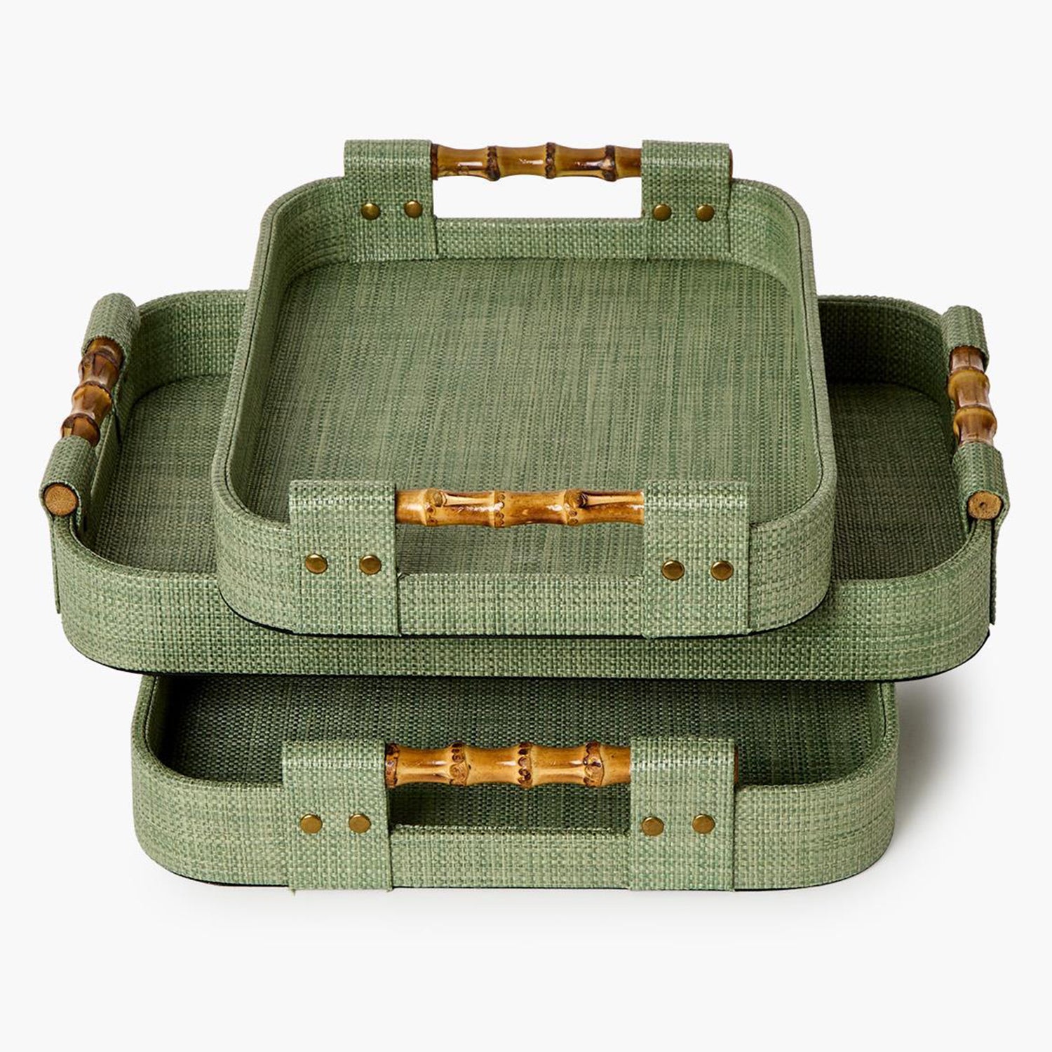 Monaco Green Faux Seagrass Nested Decorative Rectangle Tray Set of 3
