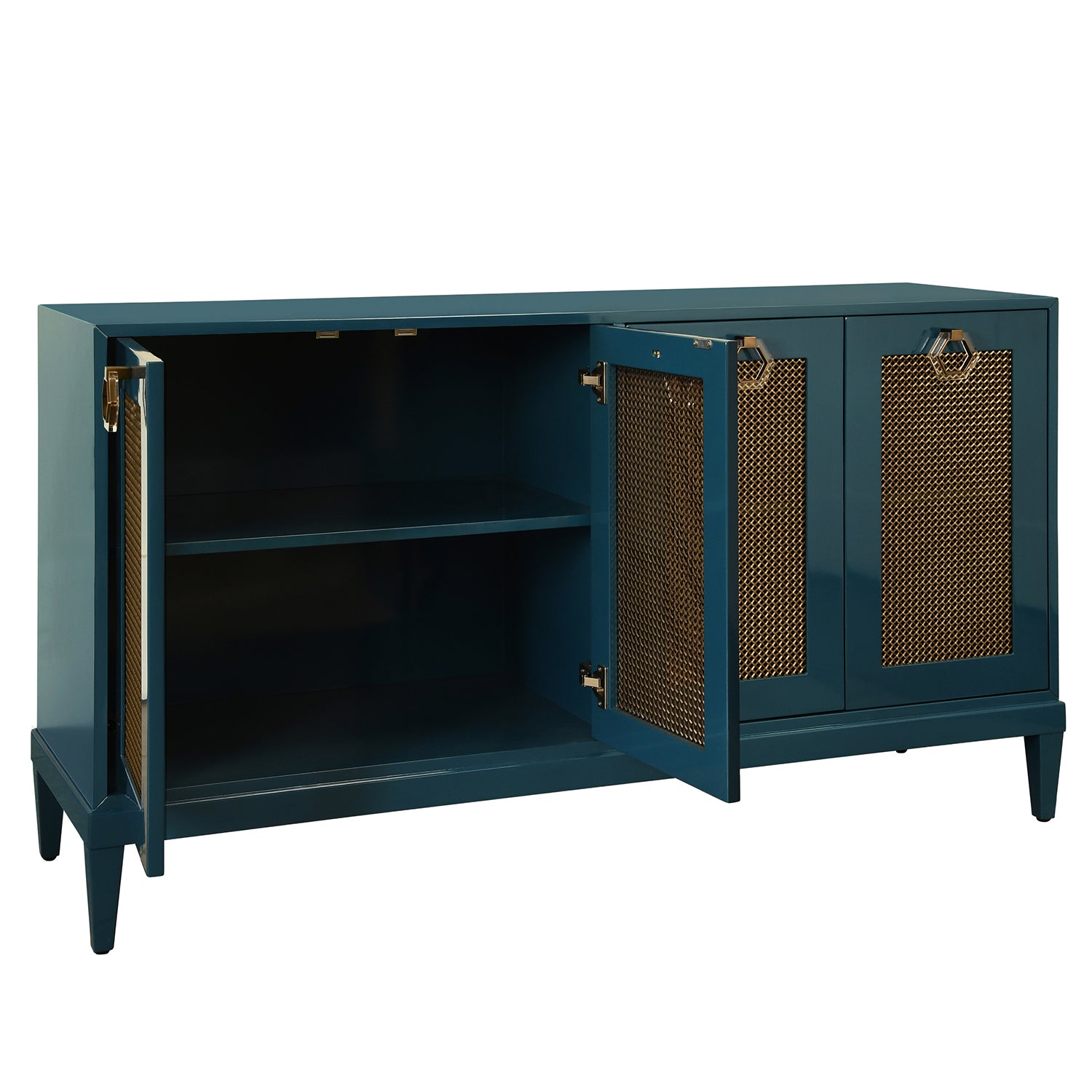 Marcella Teal Four Door Buffet styled in a room setting