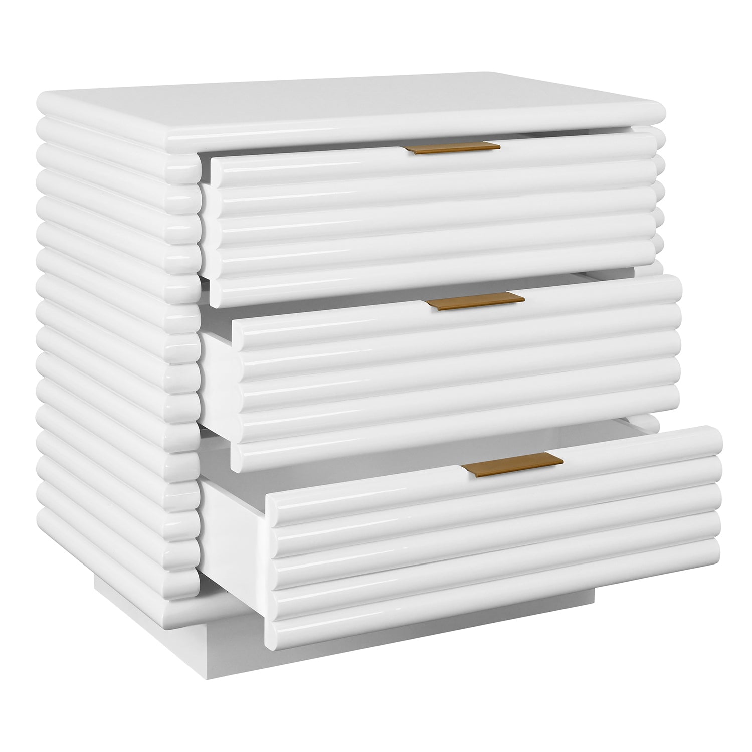 Mateo White Three Drawer Side Table styled in a room setting
