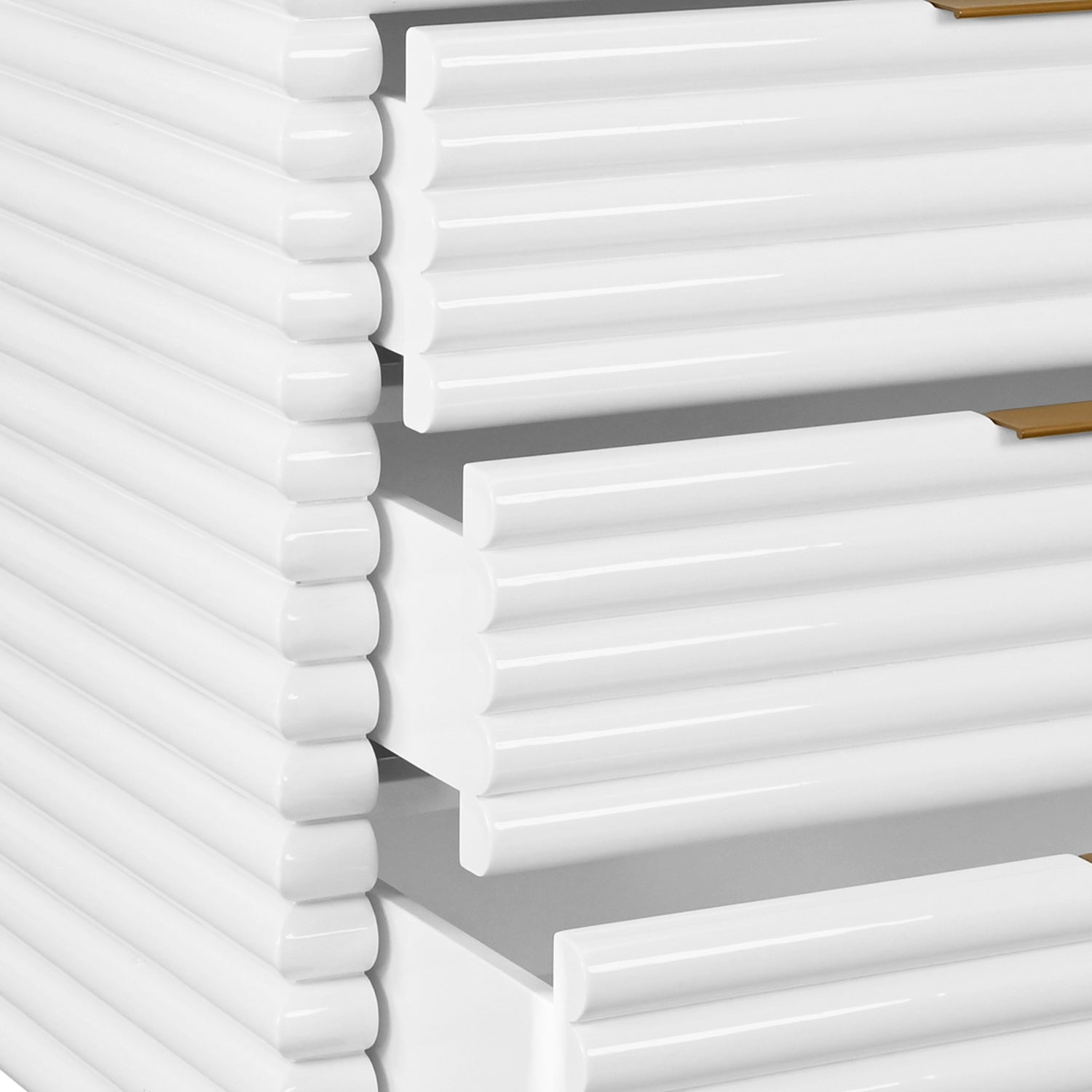 Detail of the Mateo White Three Drawer Side Table hardware and craftsmanship