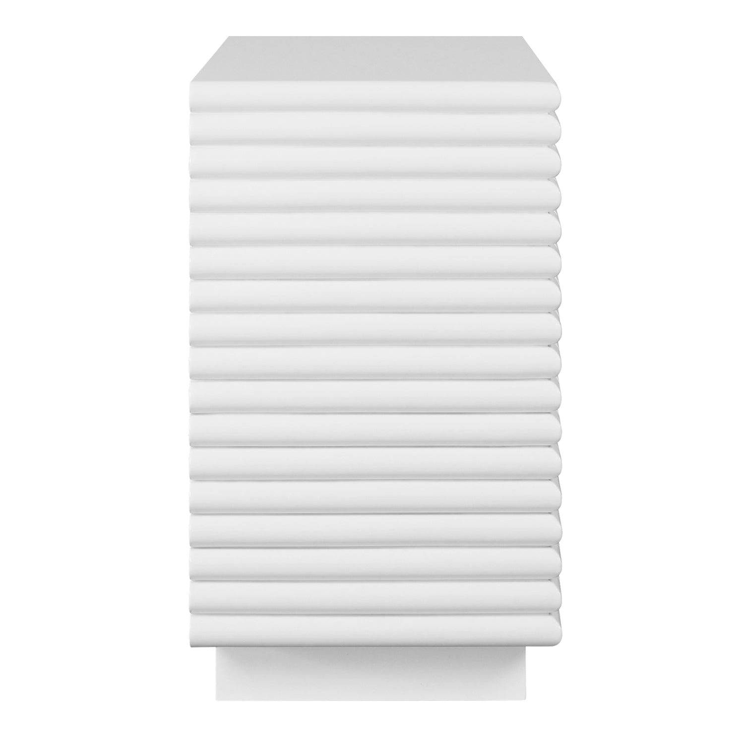 Close-up of the white wood finish on the Mateo White Three Drawer Side Table