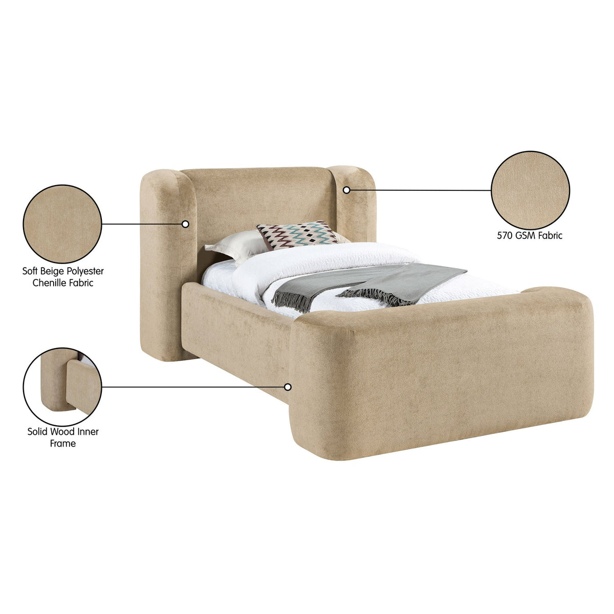 Modena Beige Chenille Fabric Upholstered Bed