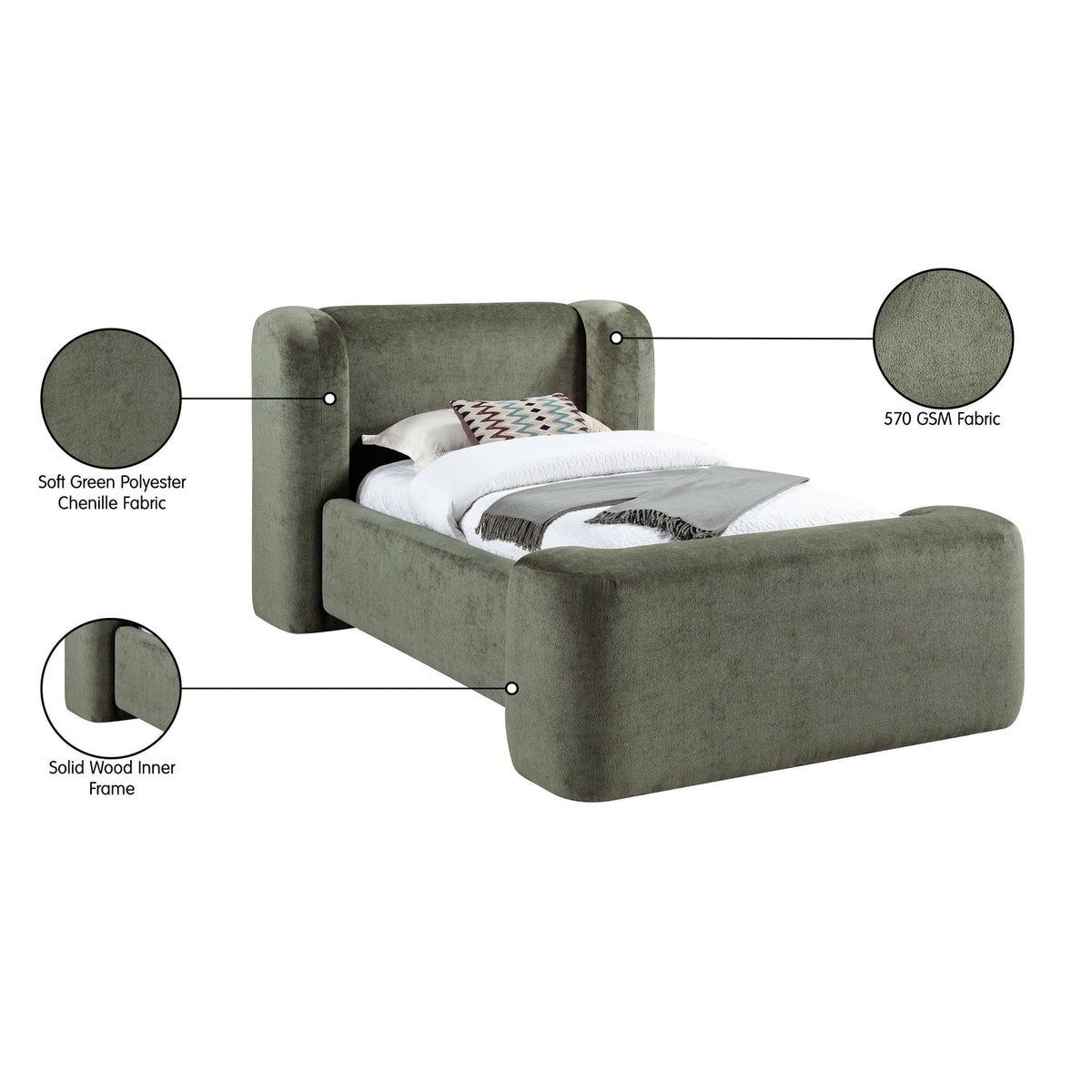 Modena Green Chenille Fabric Upholstered Bed