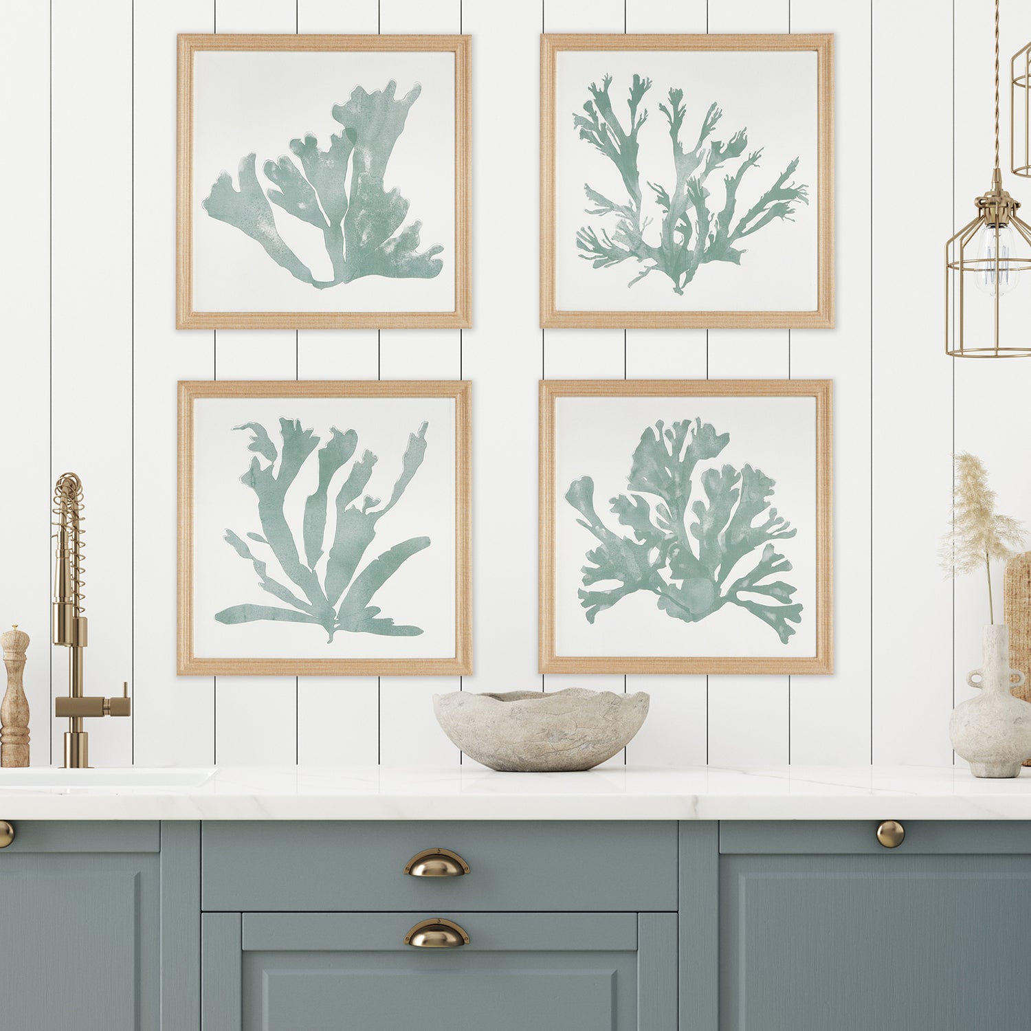 Coral Silhouettes In Soft Green Framed Wall Art Set of 4