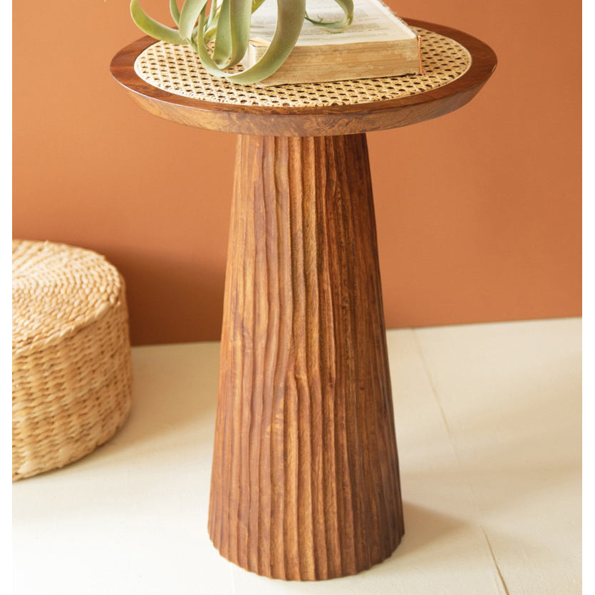 Round Wooden Side Table with Woven Cane Top