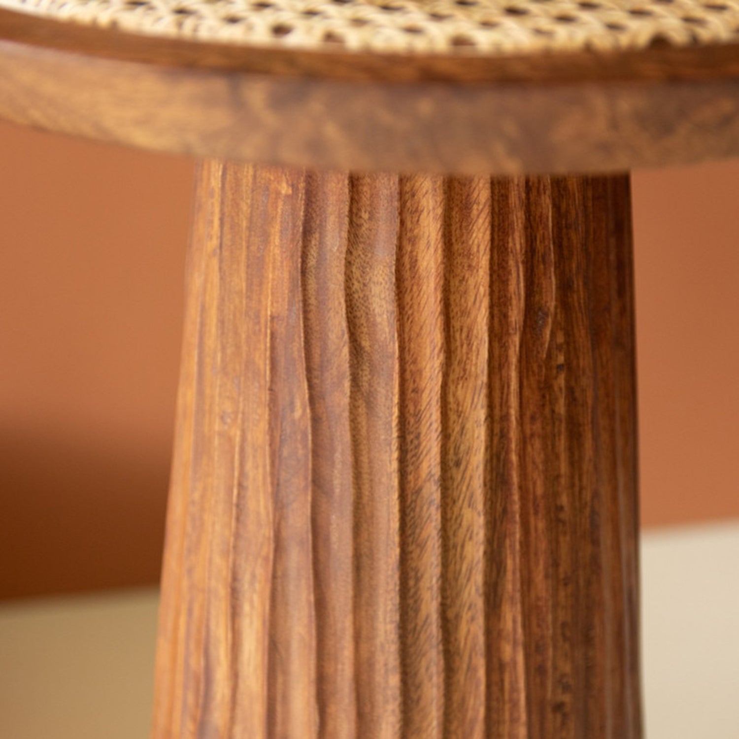 Round Wooden Side Table with Woven Cane Top