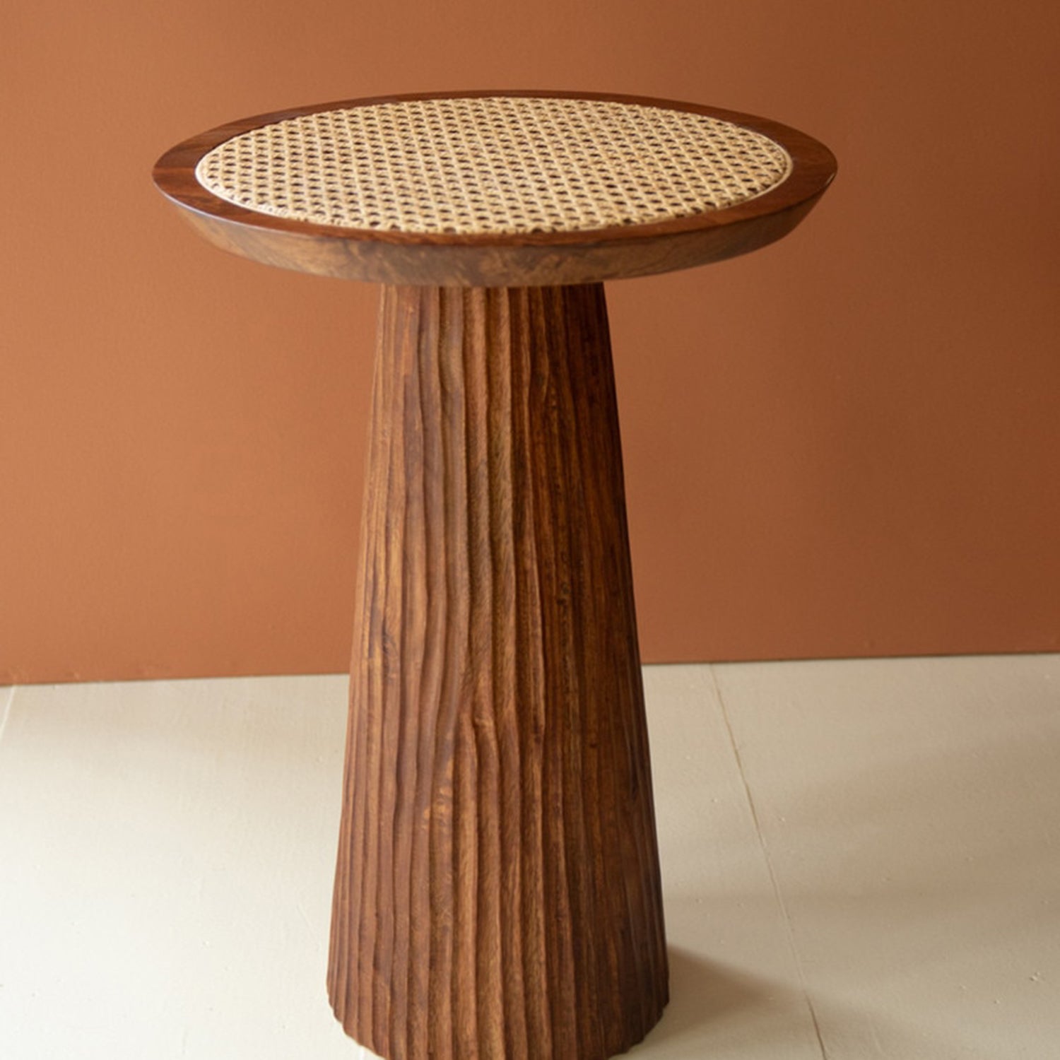 Round Wooden Side Table with Woven Cane Top