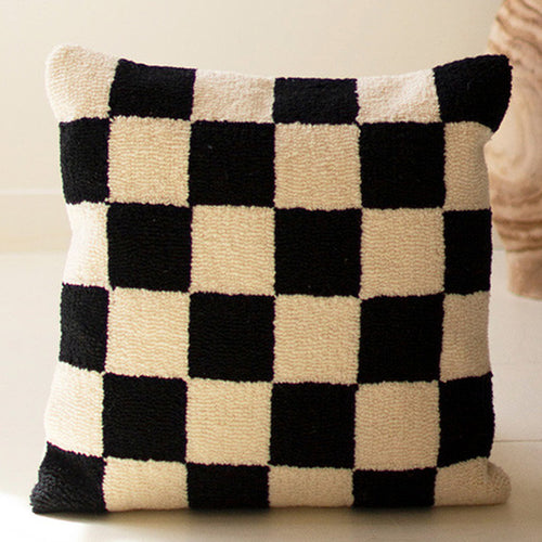 Checkered Black Hand-Hooked Throw Pillow
