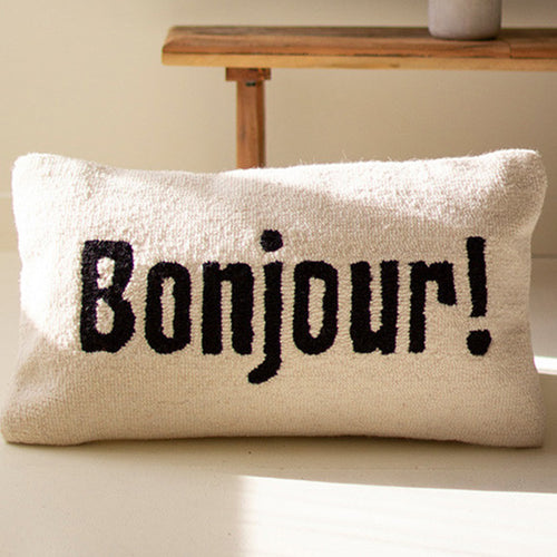 Bonjour! Hand-Hooked Throw Pillow