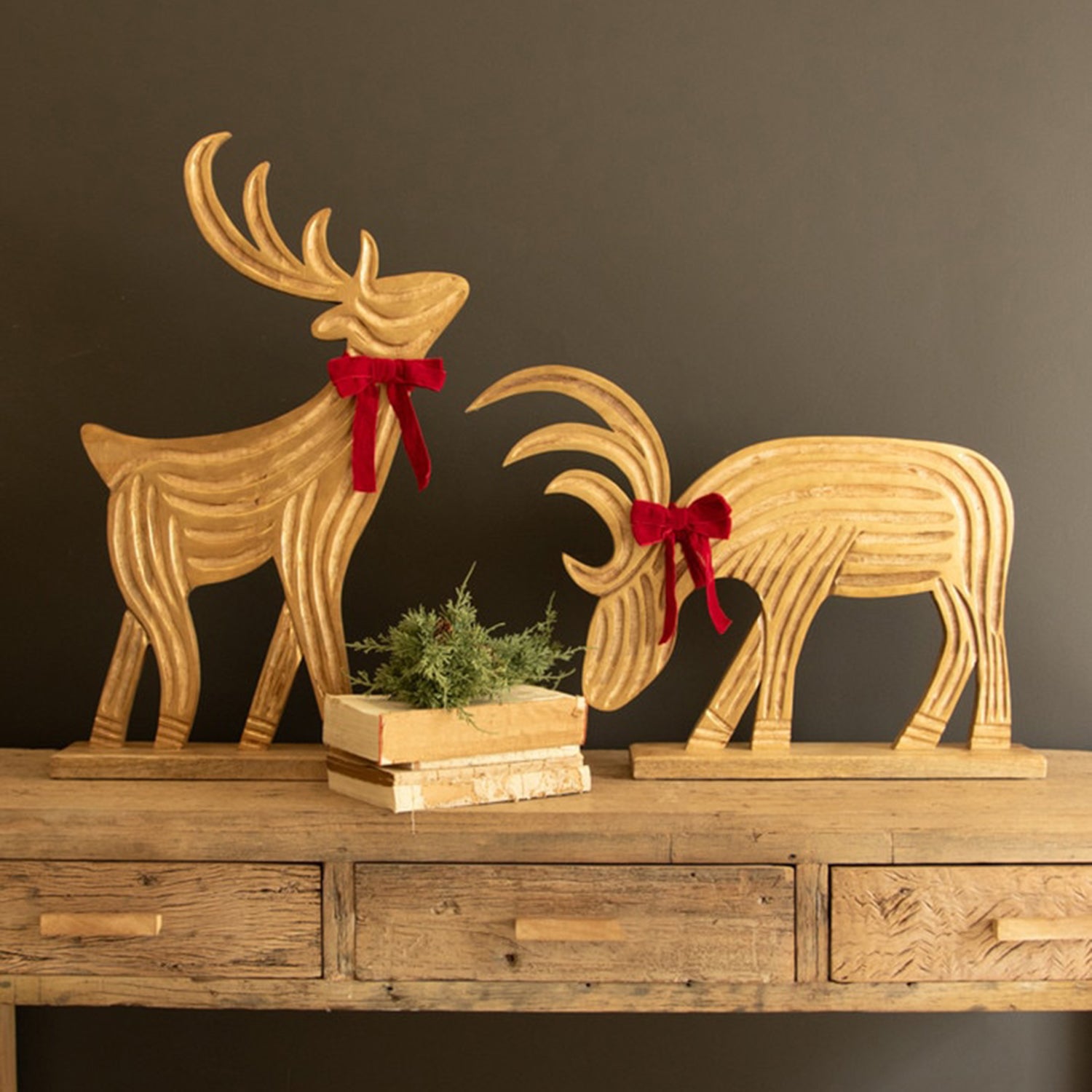 Carved Mango Wood Reindeer with Red Velvet Ribbon Set of 2