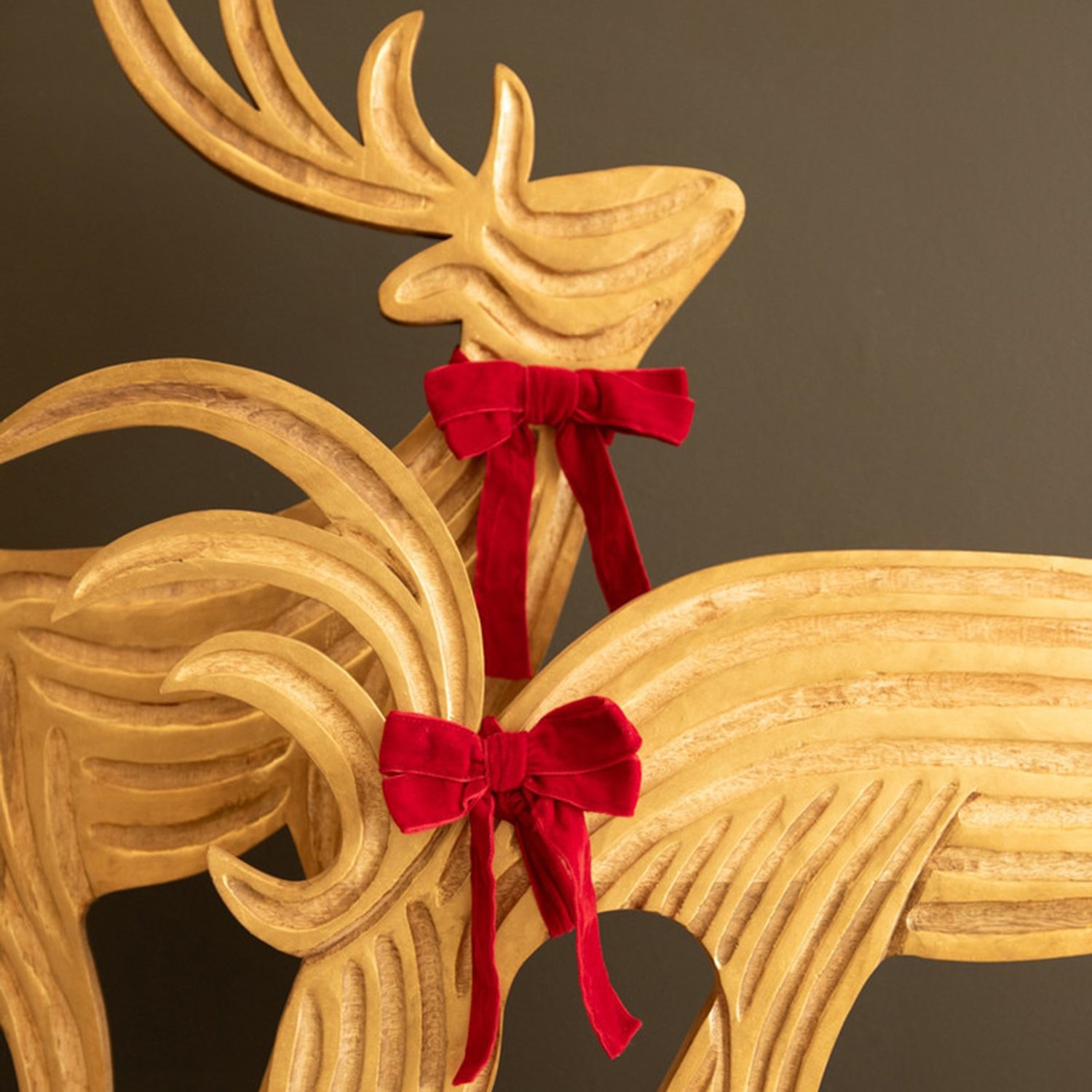 Carved Mango Wood Reindeer with Red Velvet Ribbon Set of 2