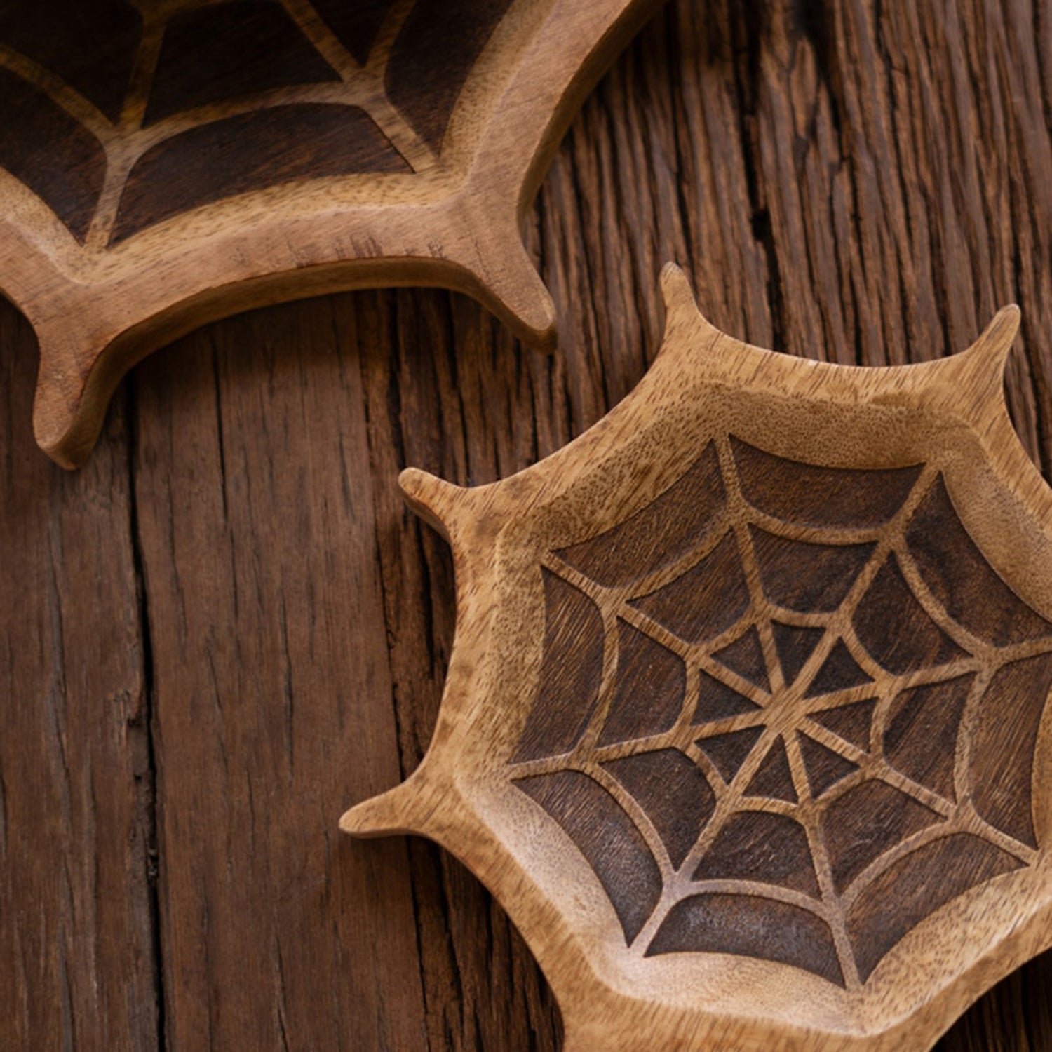 Carved Mango Wood Halloween Spider Web Set of 2