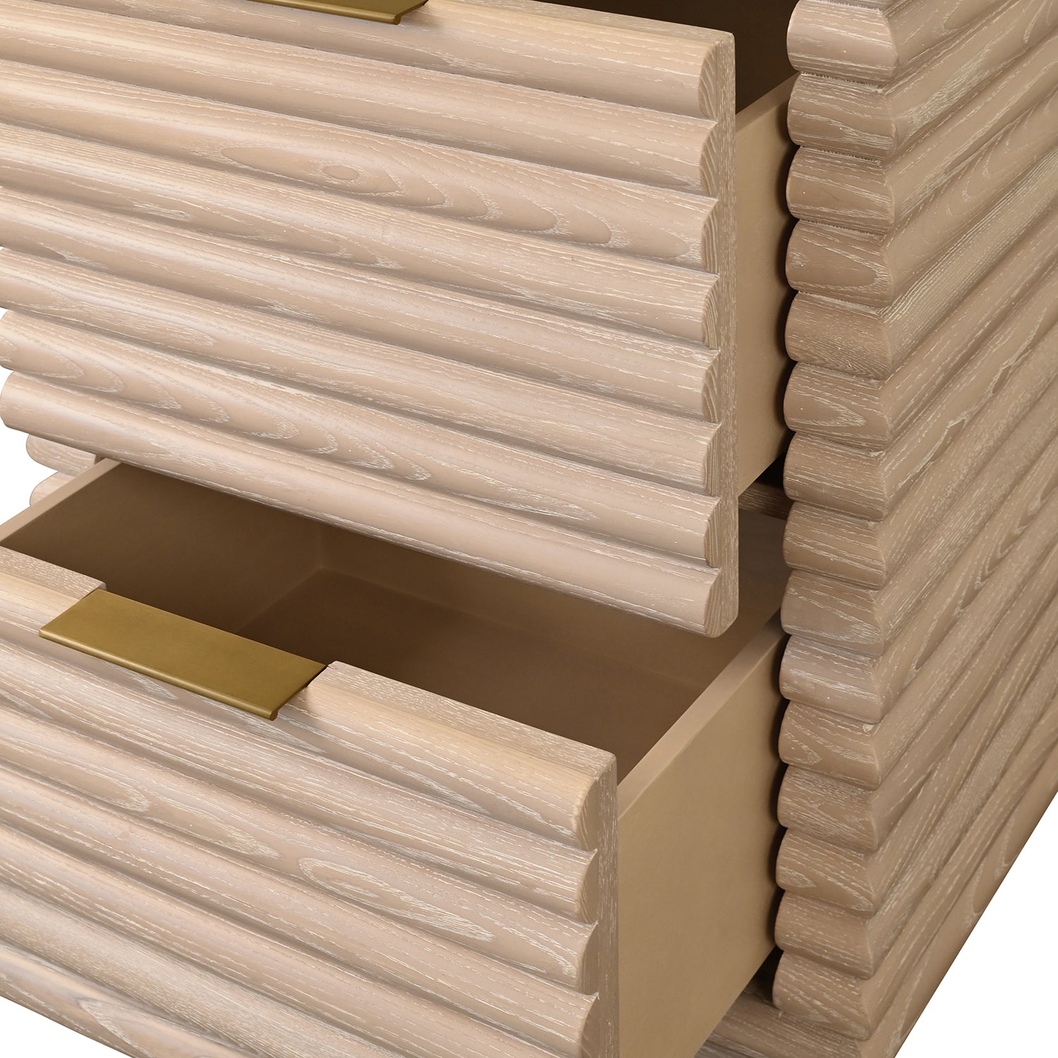Worlds Away Nayla cerused oak side table, top-down view of reeded surface