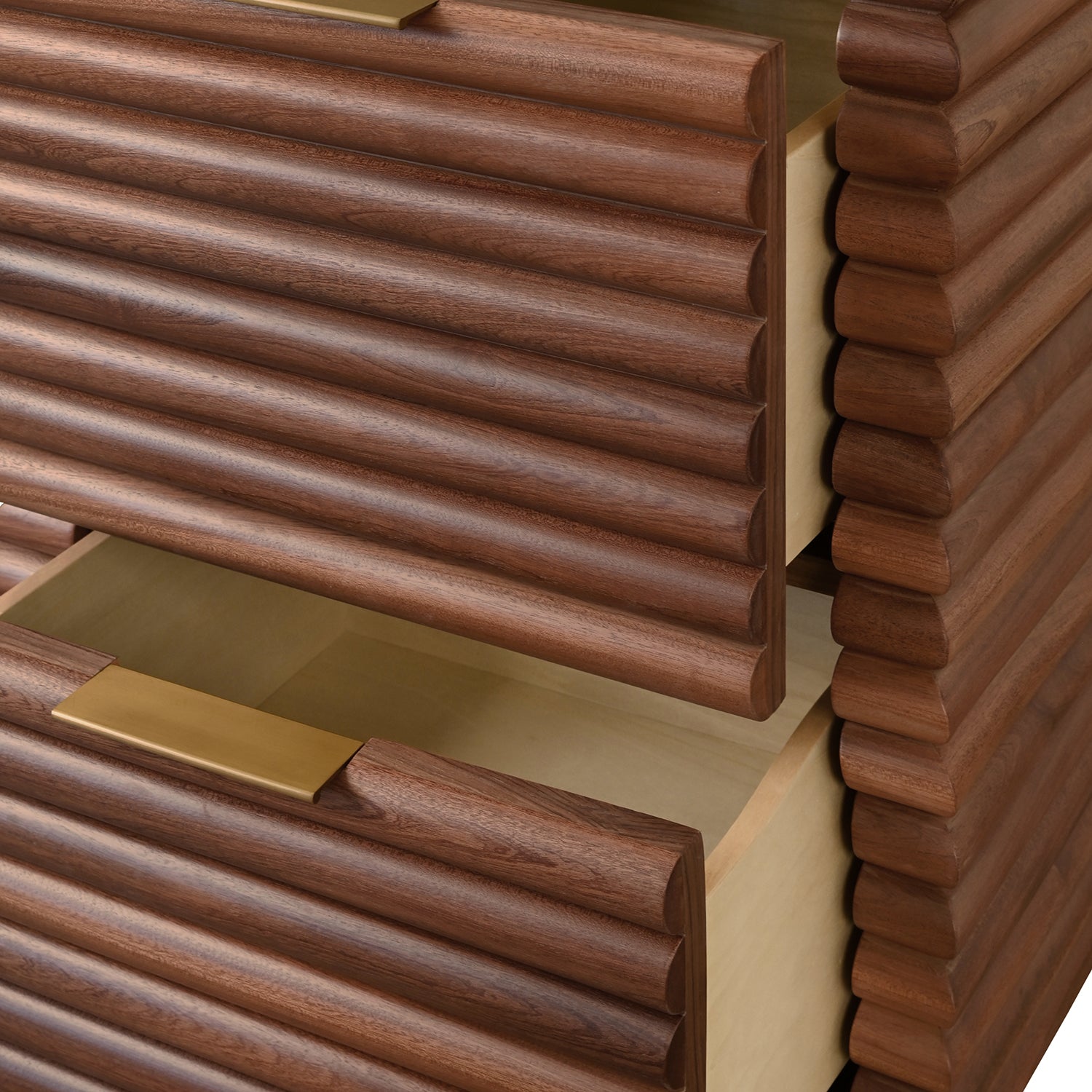 Worlds Away Nayla walnut side table, top-down view of reeded surface