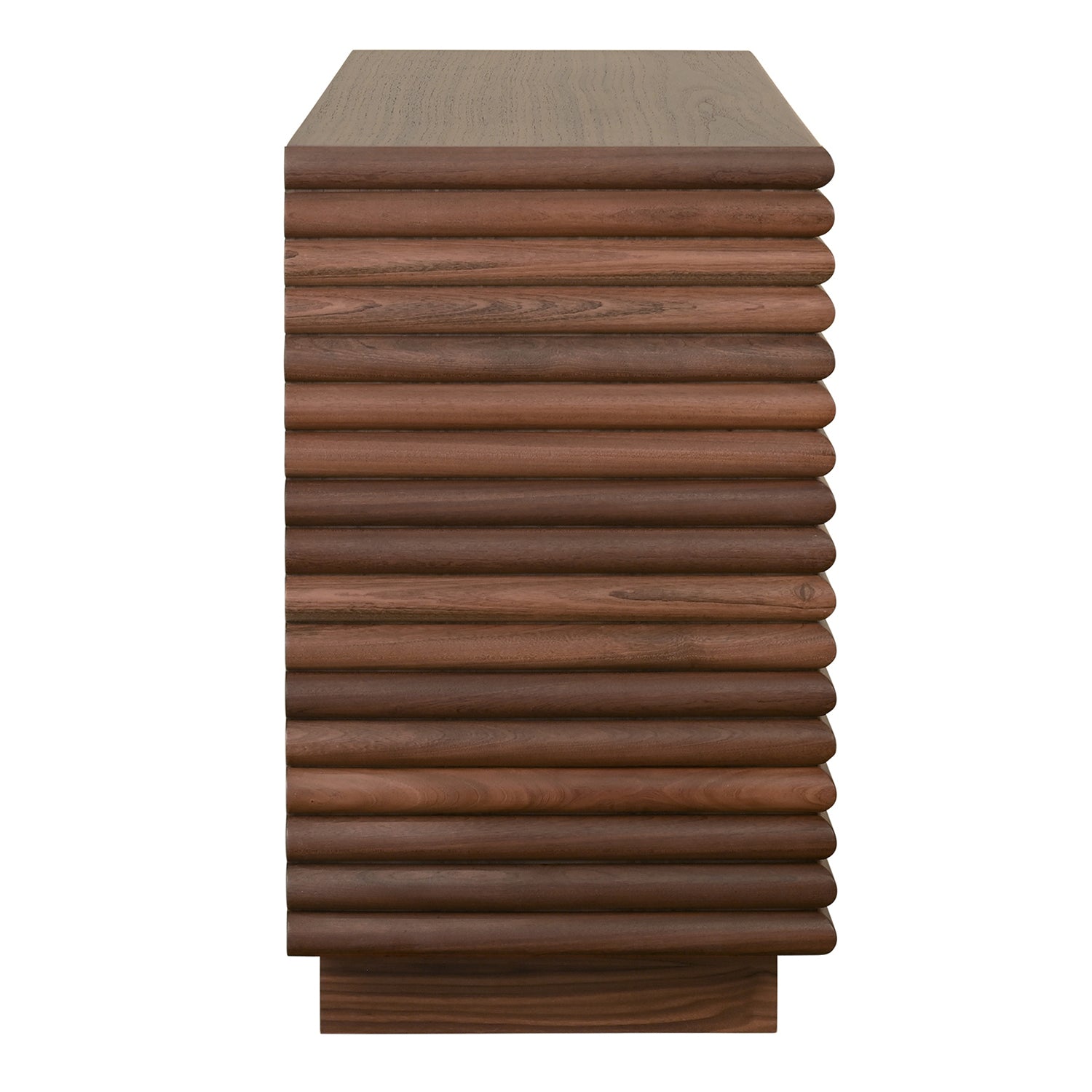 Worlds Away Nayla side table, close-up of large horizontal reeds in walnut