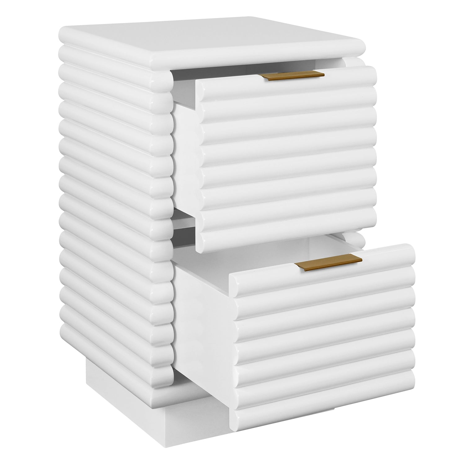 Worlds Away Nayla white side table, detail of antique brass drawer hardware