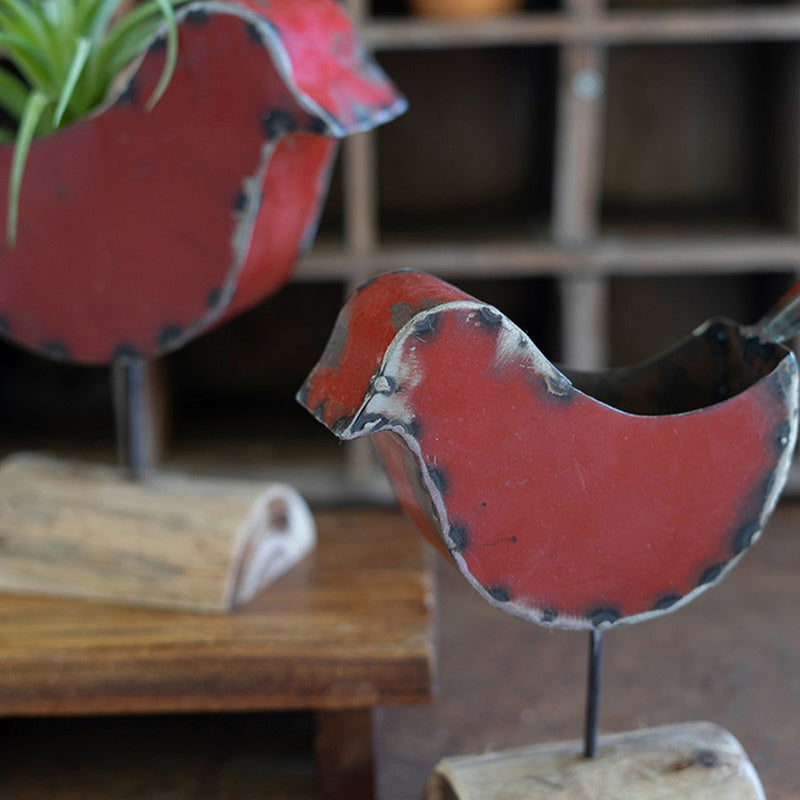Red Metal Bird Planter Set of 2