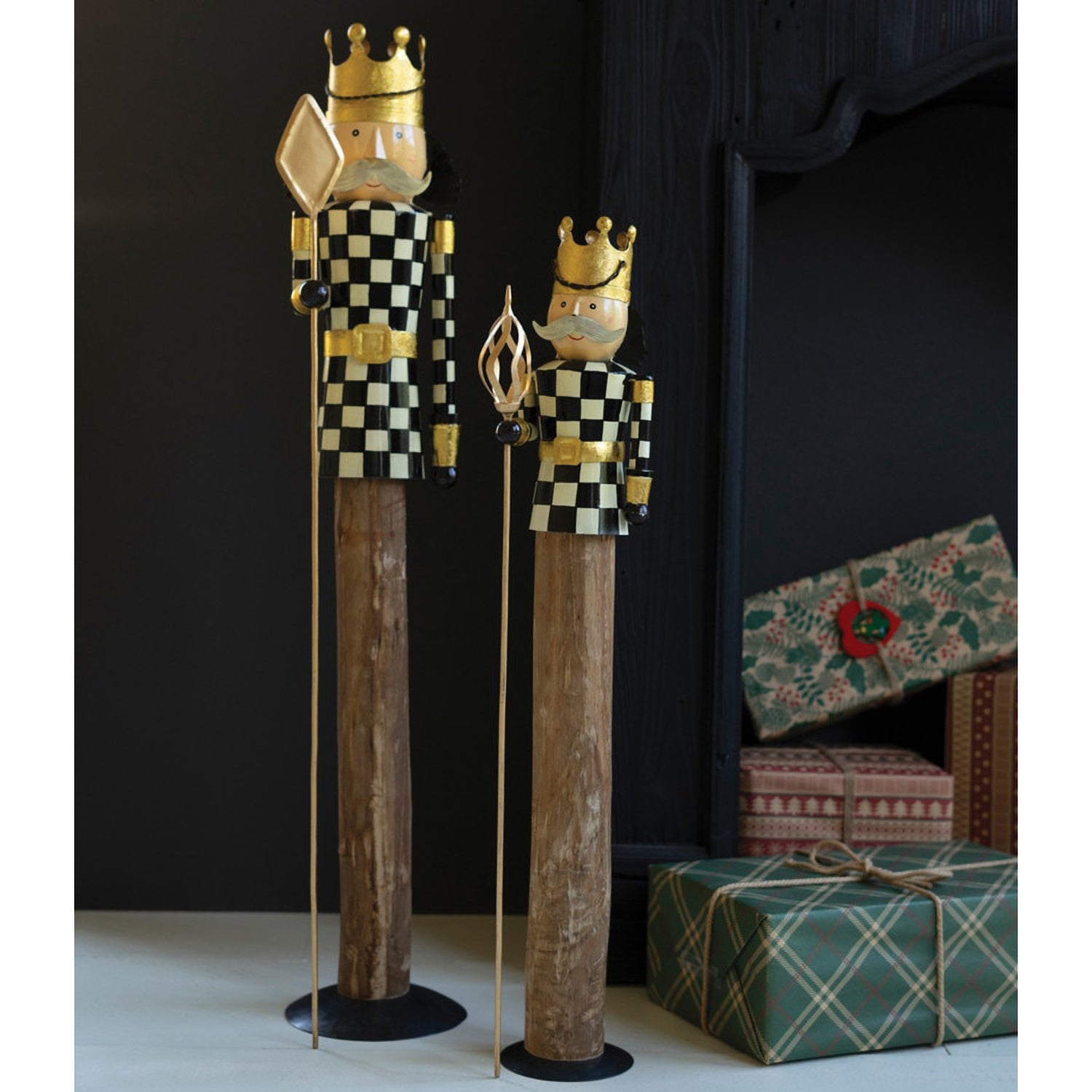 Painted Metal and Wood Checkerboard Nutcracker Set of 2