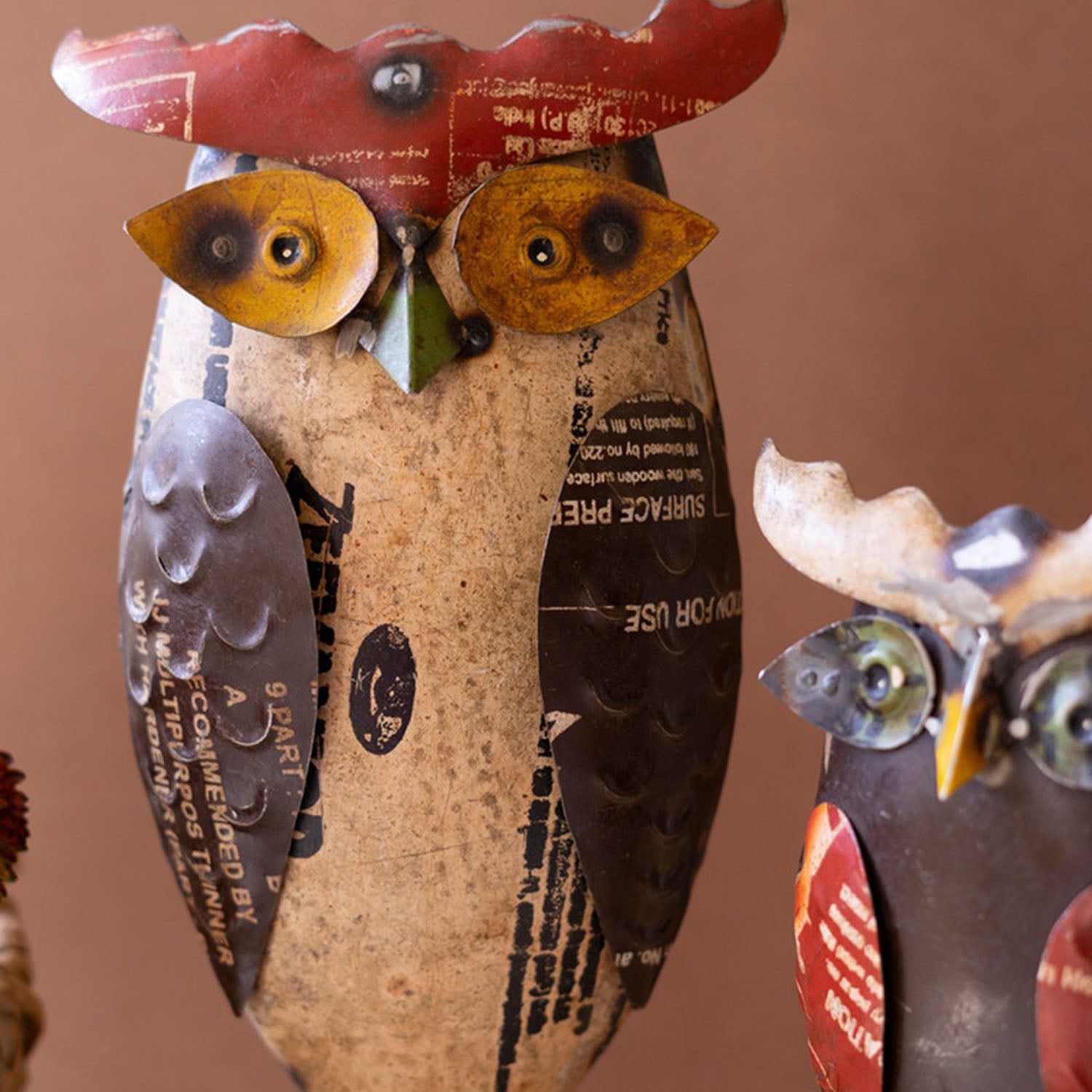 Recycled Iron Owls on Stand Set of 2