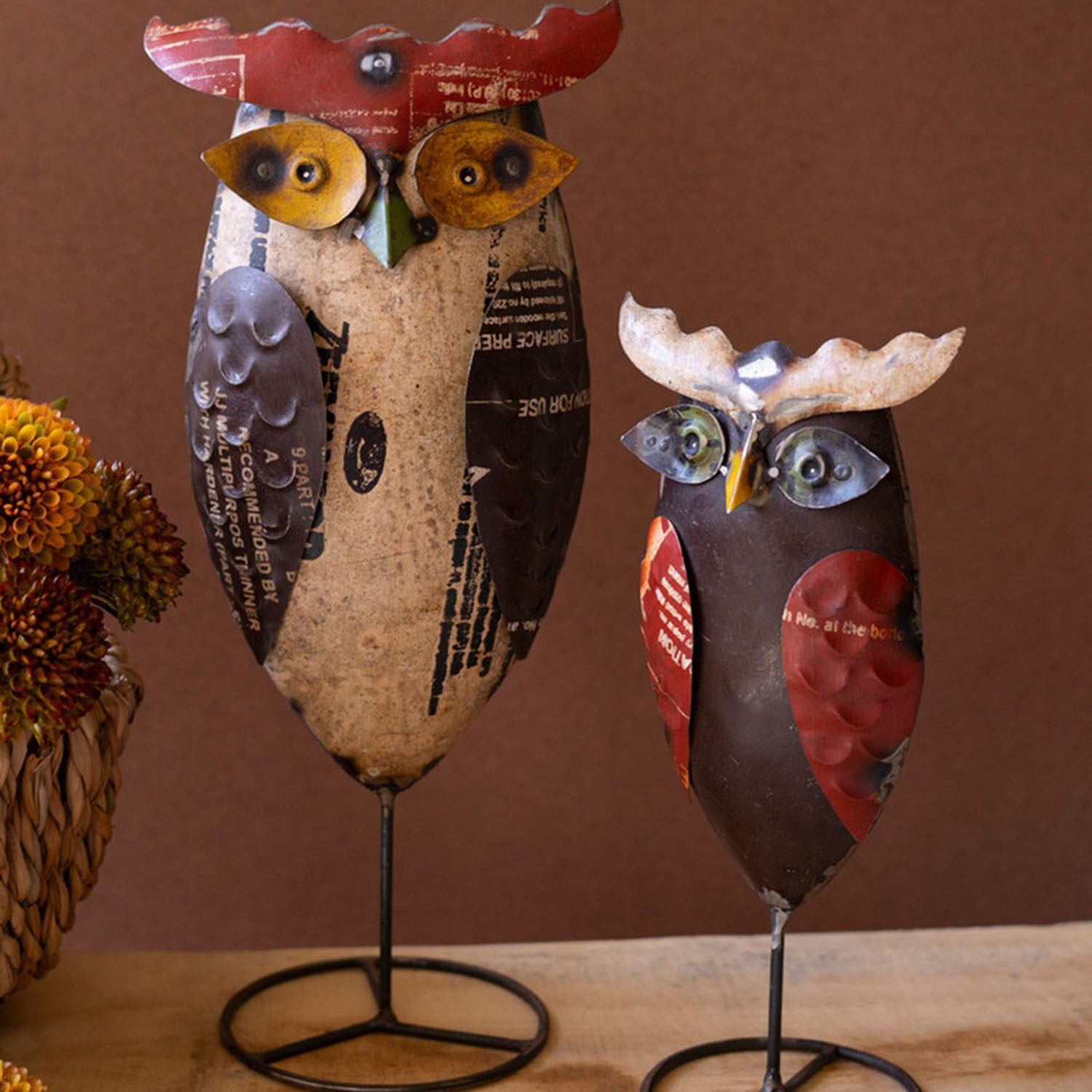 Recycled Iron Owls on Stand Set of 2