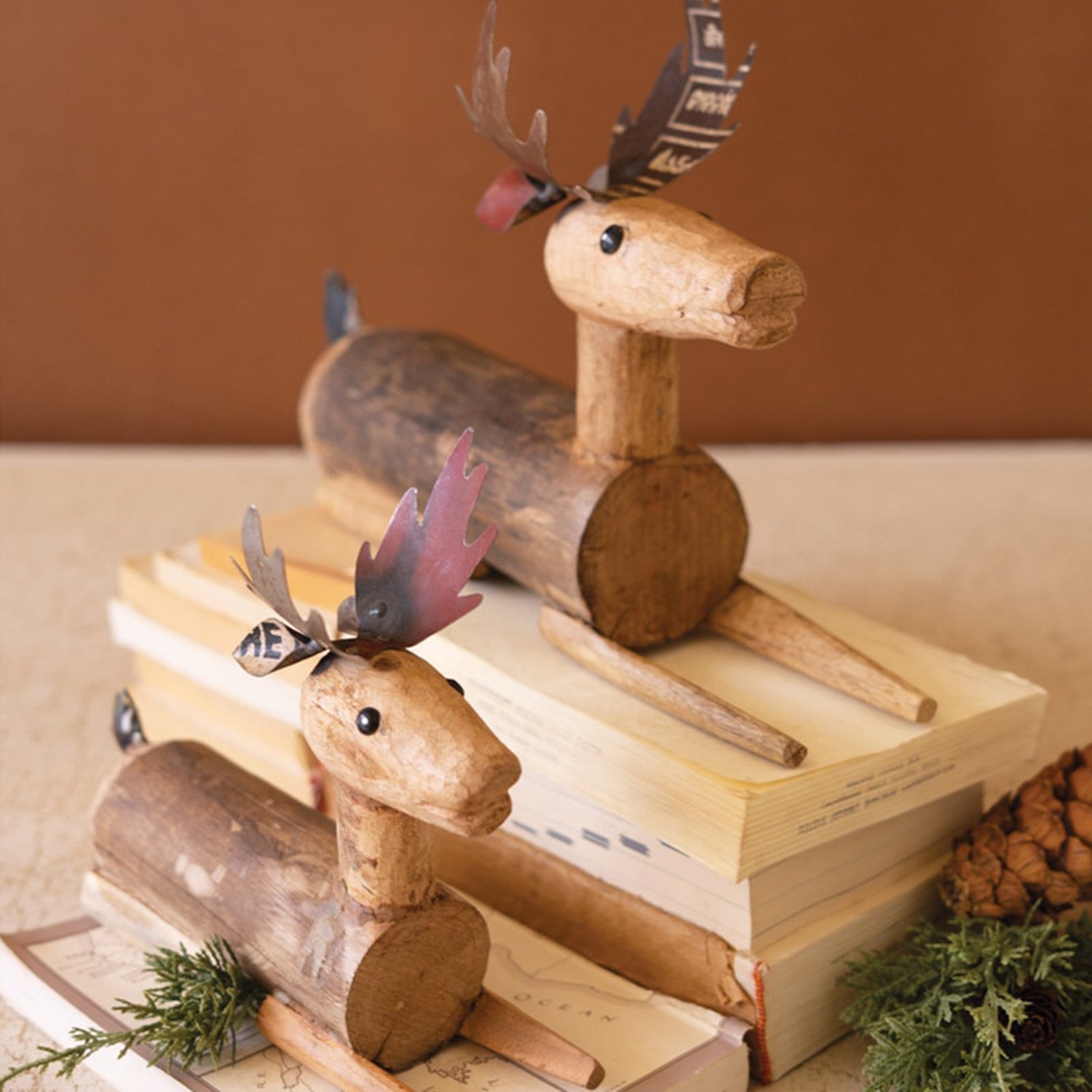 Metal and Wood Sitting Deer Set of 2