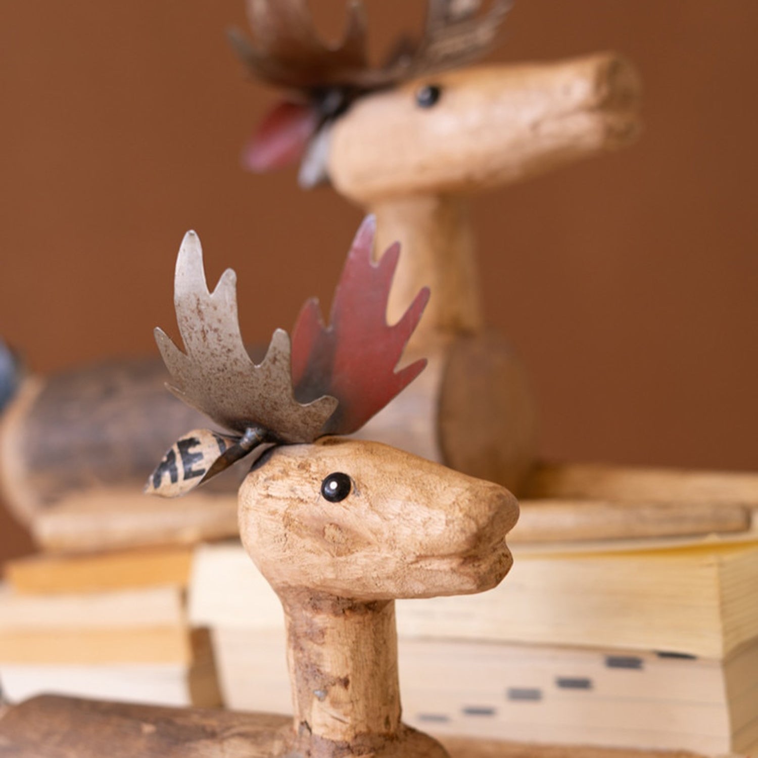 Metal and Wood Sitting Deer Set of 2