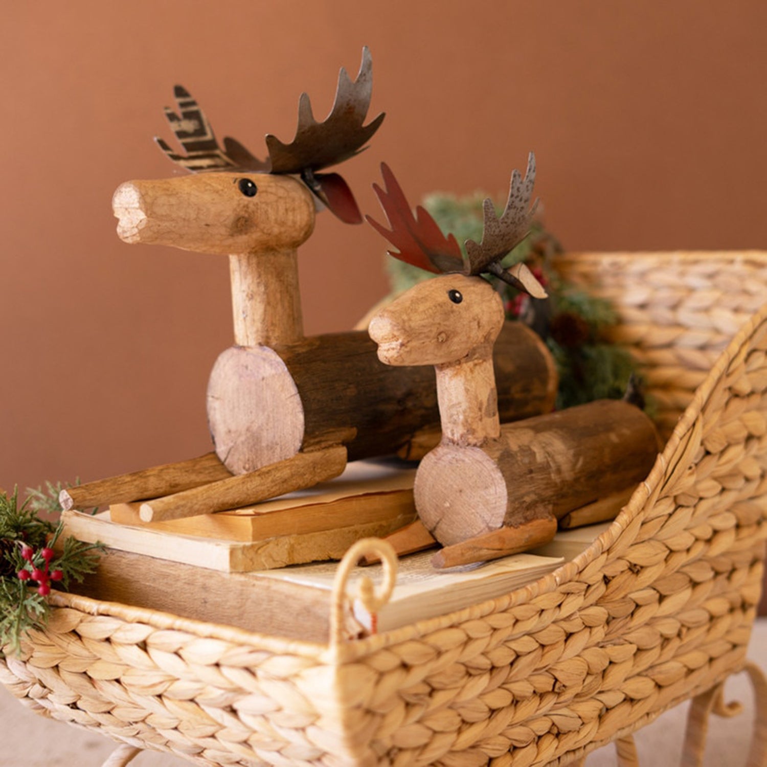 Metal and Wood Sitting Deer Set of 2