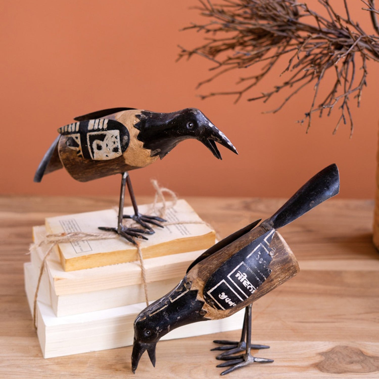 Recycled Metal and Wood Crow Set of 2