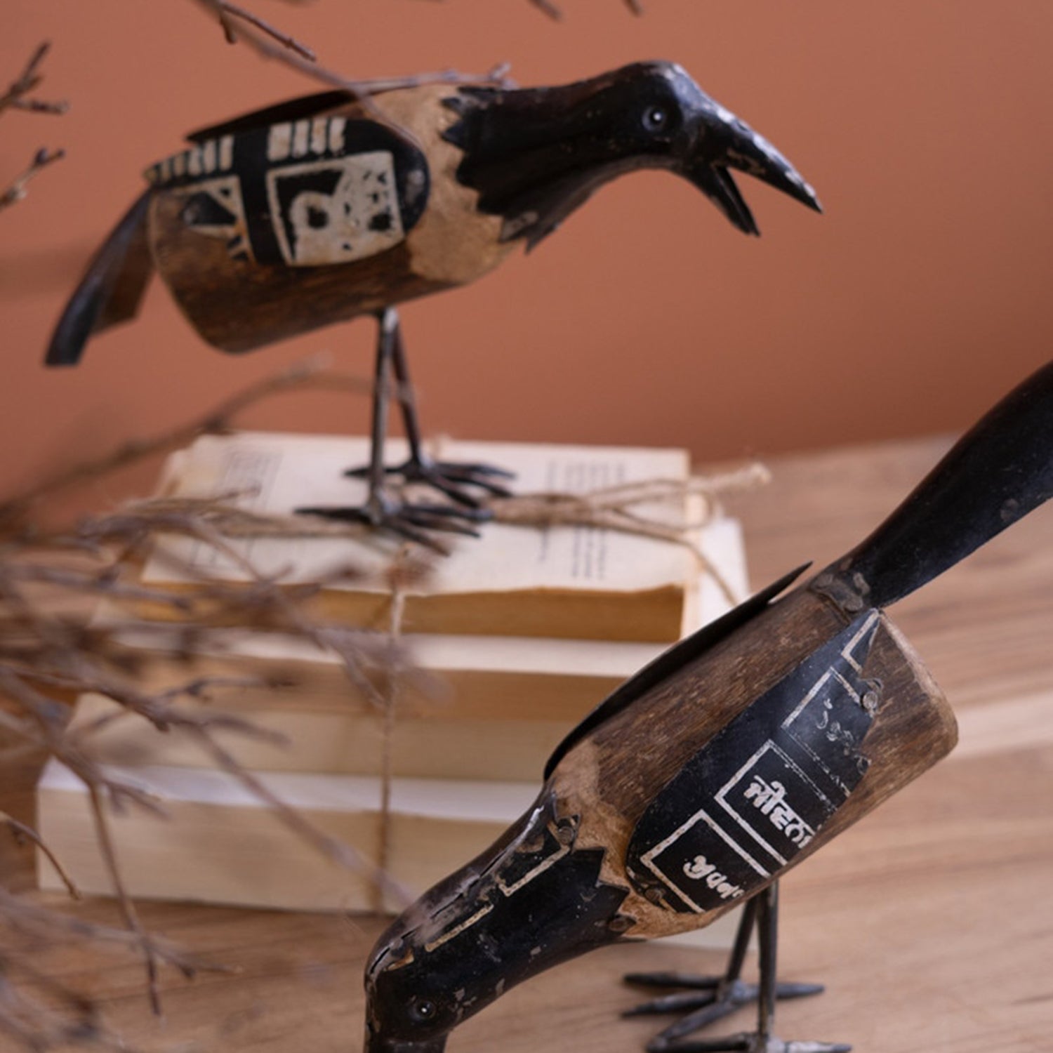 Recycled Metal and Wood Crow Set of 2