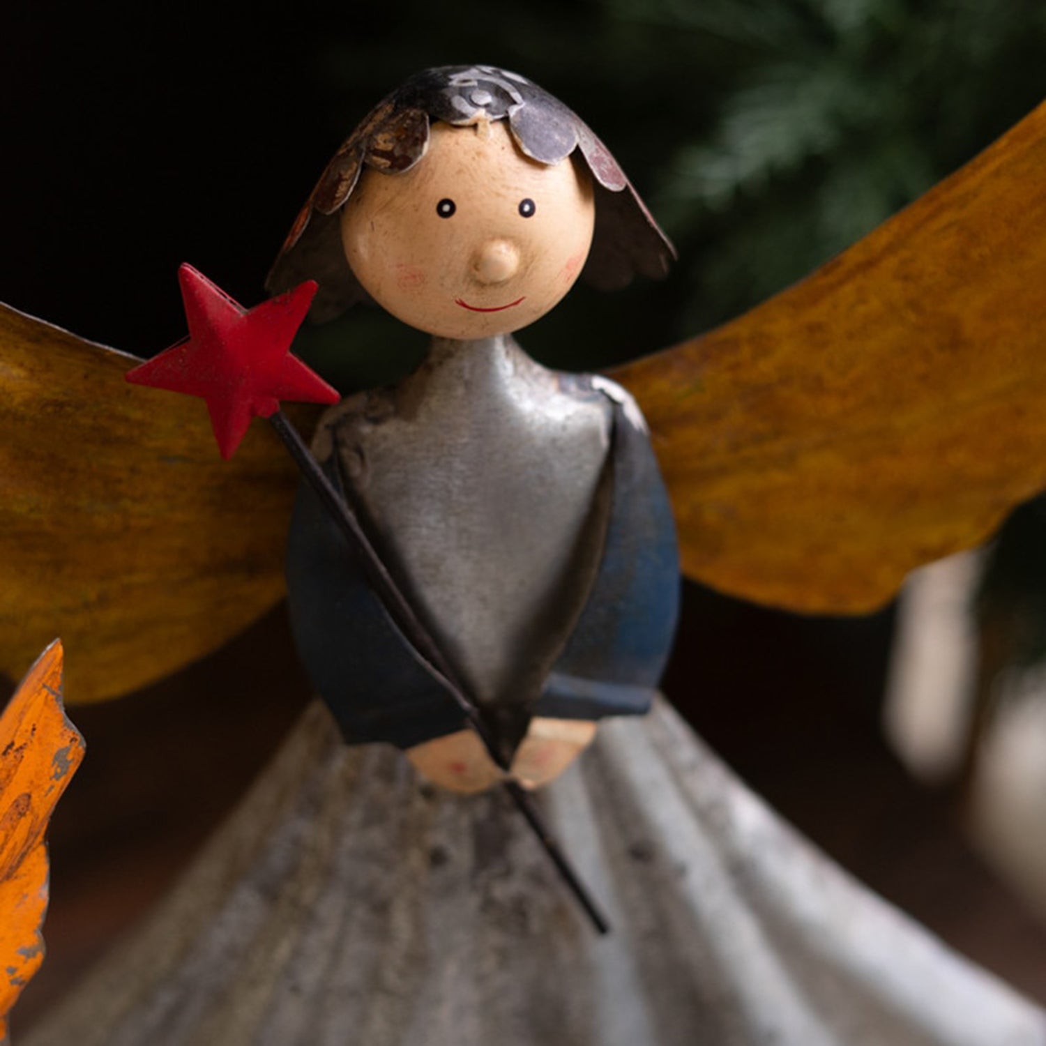 Recycled Metal Angels on Wooden Base Set of 2