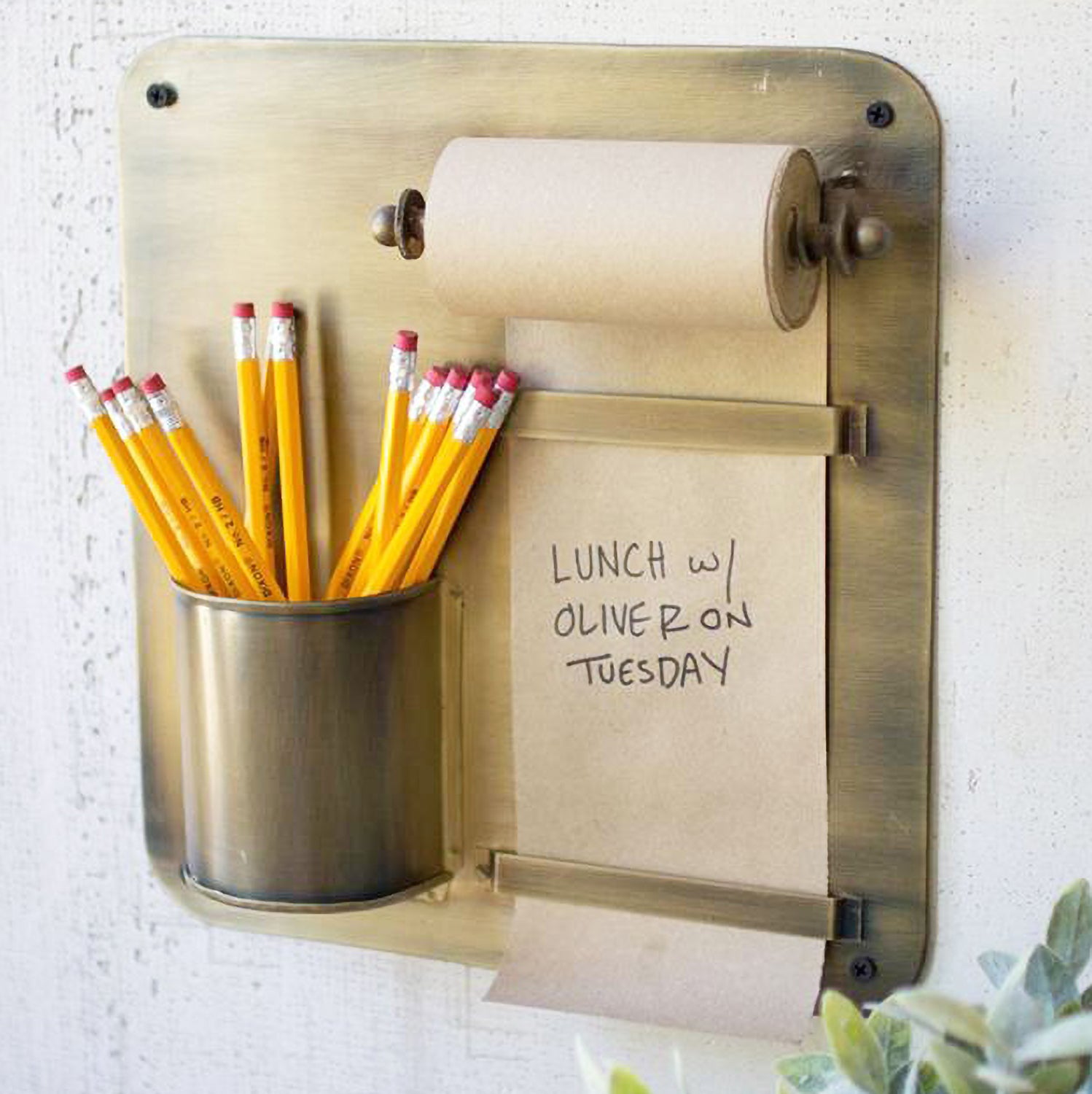 Antique Brass Hanging Note Roll and Pencil Cup