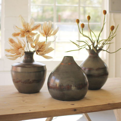 Raw Metal & Copper Vase Set of 3