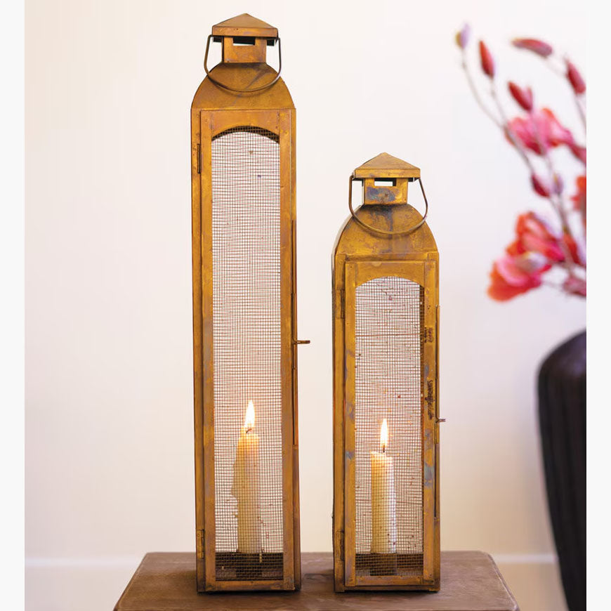 Antique Brass Taper Candle Lantern Set of 2