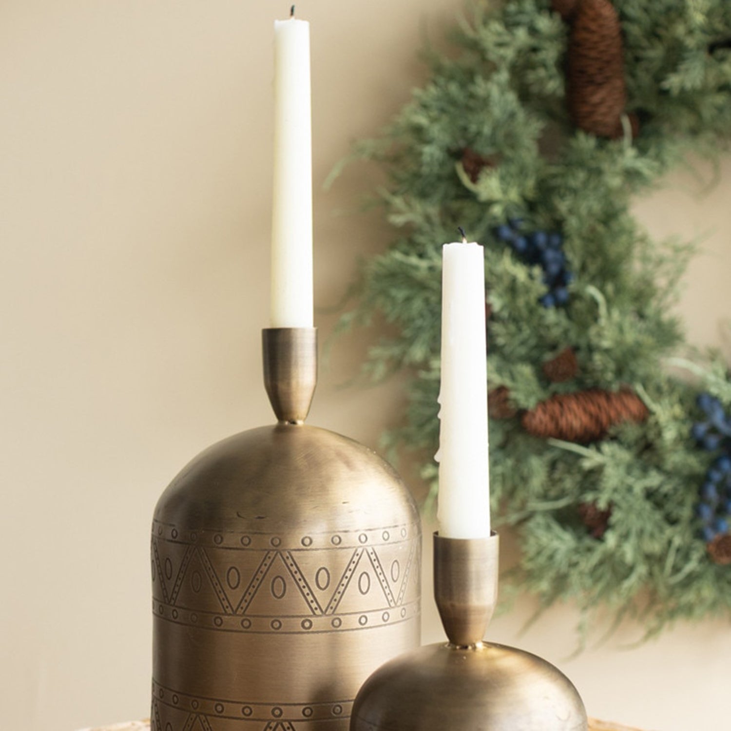 Antique Brass Bell Taper Candle Holder Set of 2