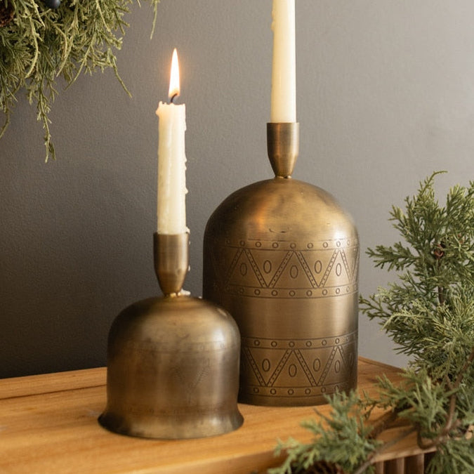 Antique Brass Bell Taper Candle Holder Set of 2