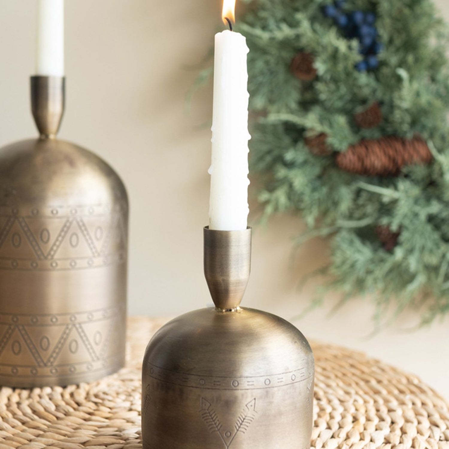 Antique Brass Bell Taper Candle Holder Set of 2