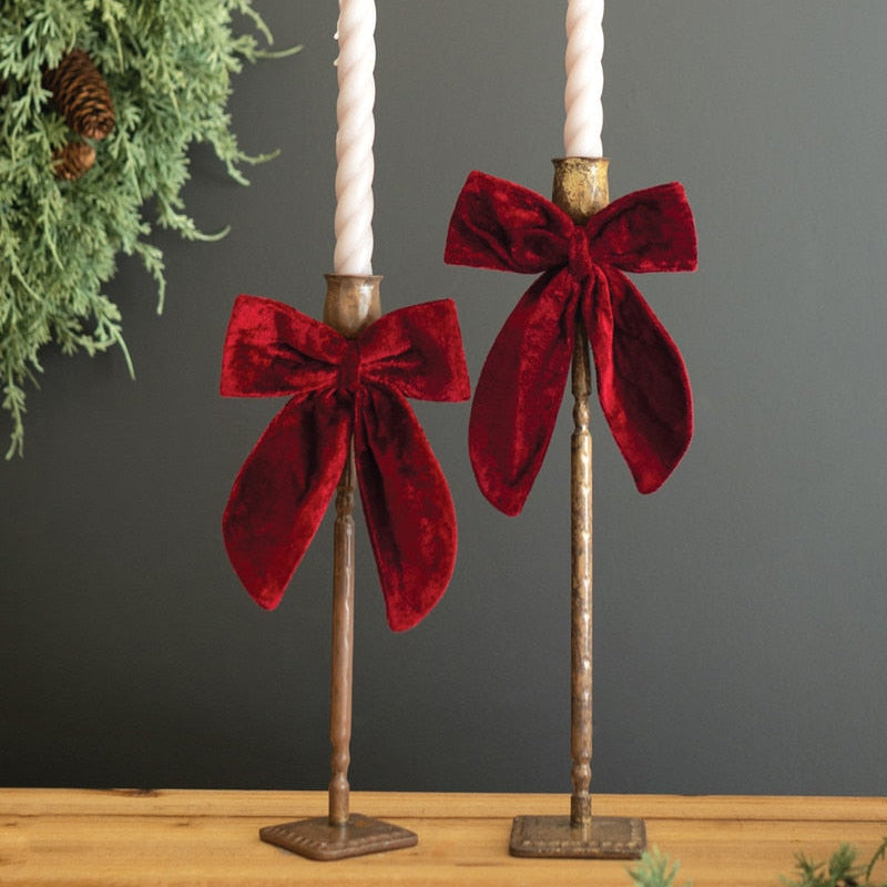 Antique Brass Taper Candle Holders with Velvet Bow Set of 2